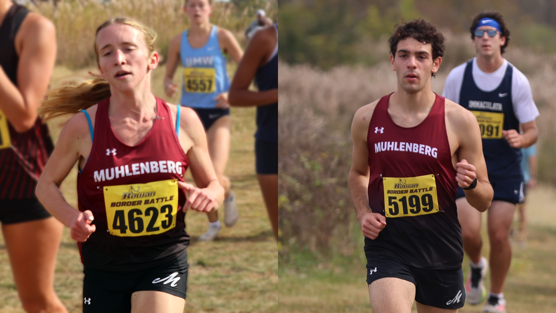 two runners in red uniforms and yellow bibs