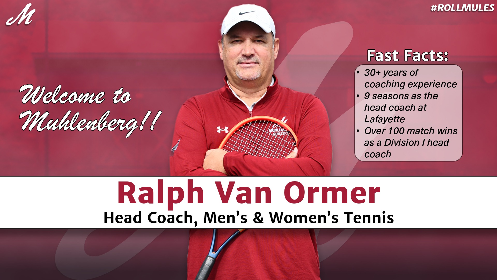  A picture of a man with a red Muhlenberg quarter-zip and a tennis racket rests on a red background with the words 