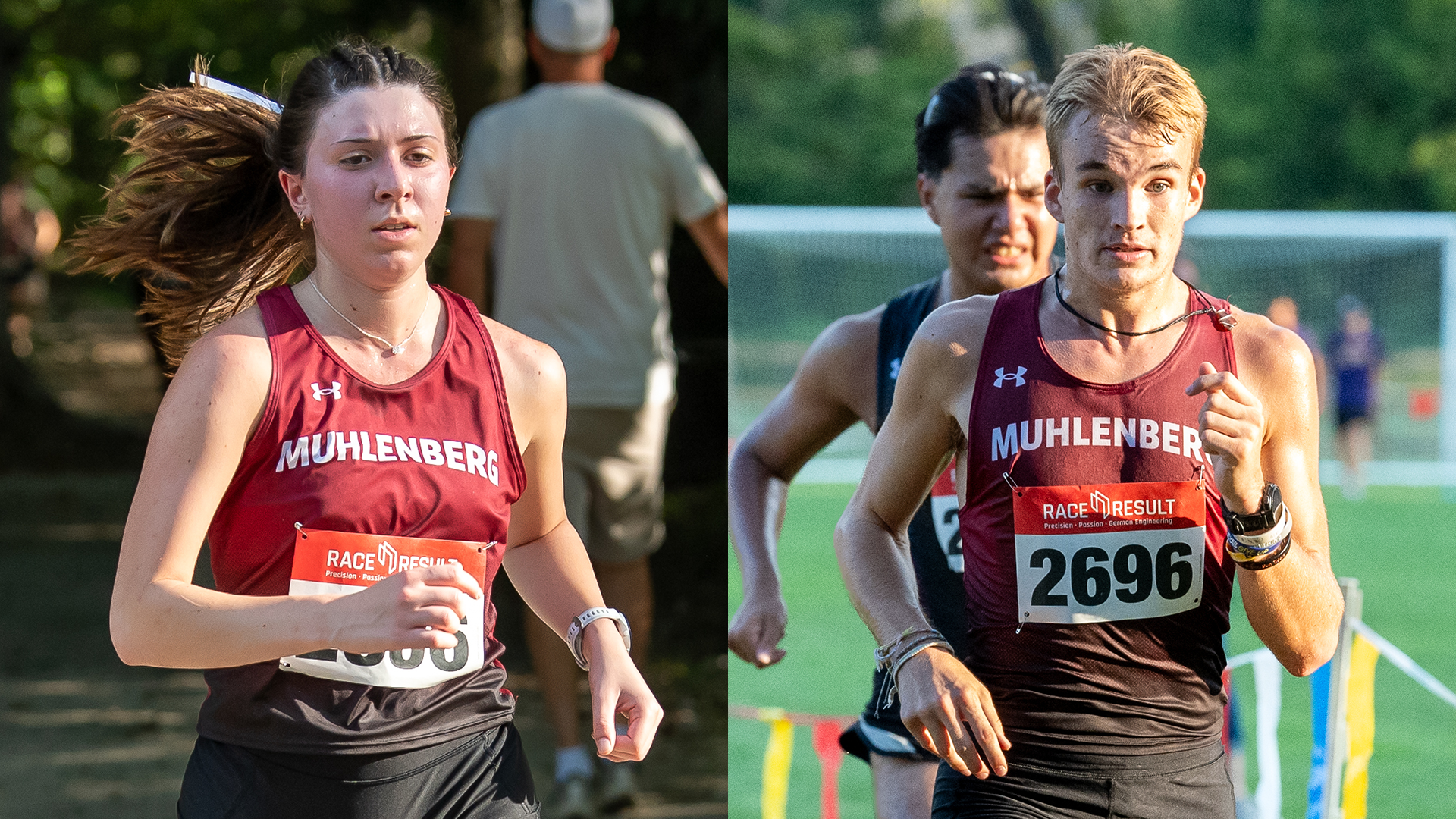 women's and men's cross country runners in red tops and black shorts