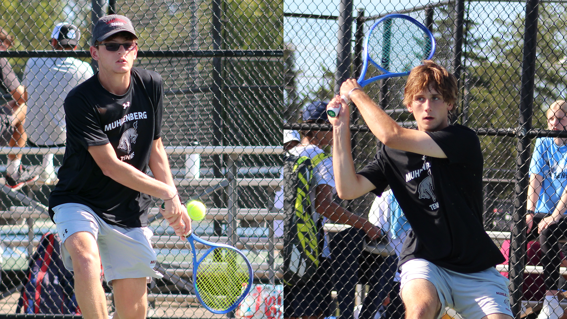 action shots of two men's tennis players in black t-shirts and white shorts
