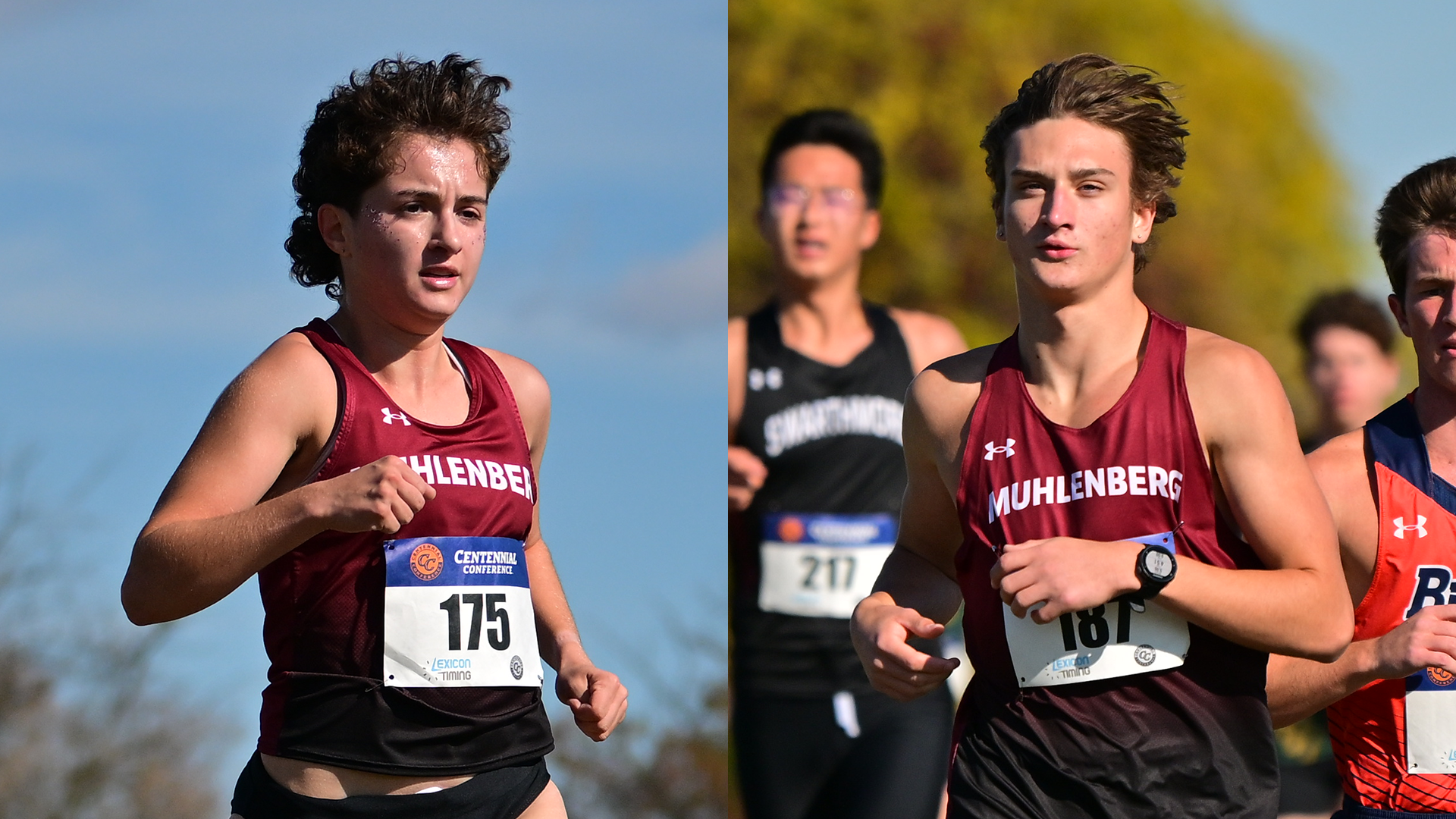 pictures of two cross country runners in red shirts and white bibs