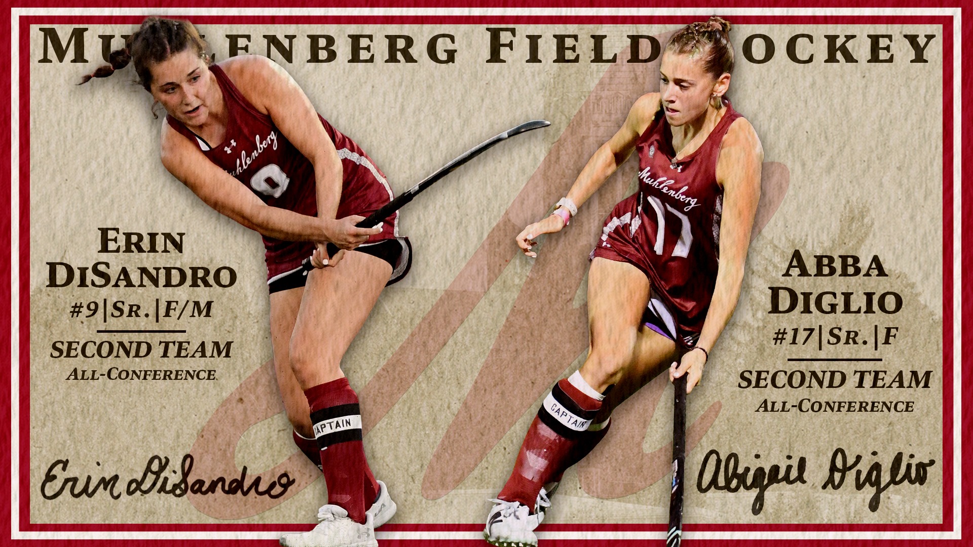 A graphic showing two cutouts of field hockey players in red uniforms against a light textured background with the words Muhlenberg Field Hockey across the top