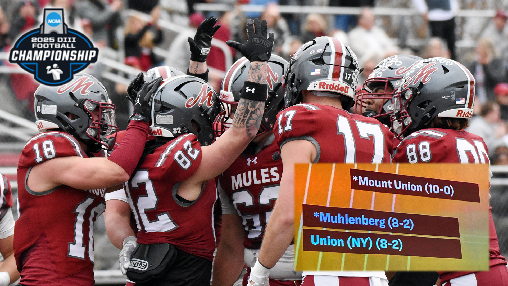 A graphic showing football players in red uniforms and silver helmets celebrating, with an overlay of a section of a tournament bracket