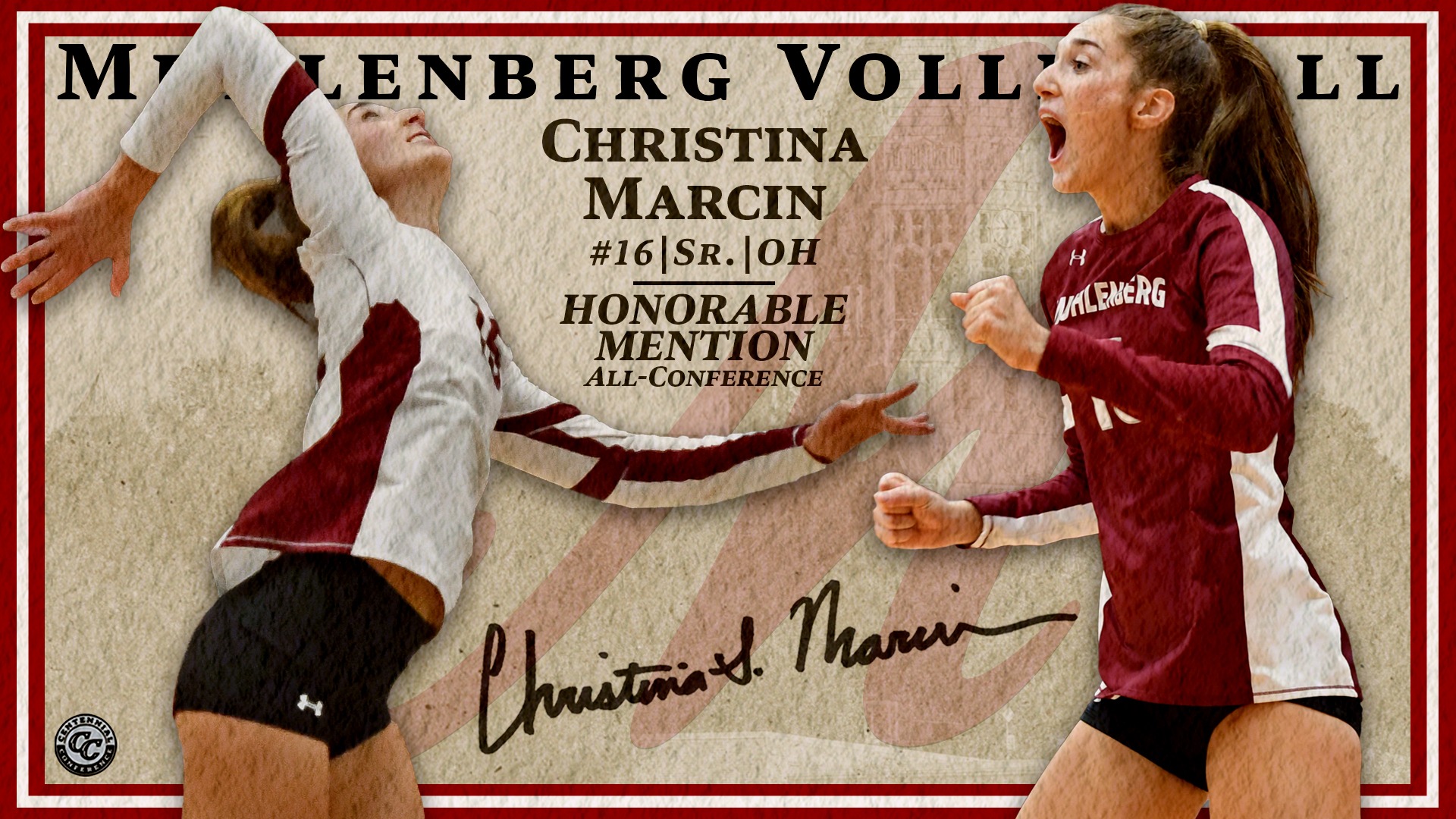 Two cutouts of a volleyball player, one in a while jersey with her arm back to hit and one in a red jersey yelling, against a light textured background with the text Muhlenberg Volleyball across the top