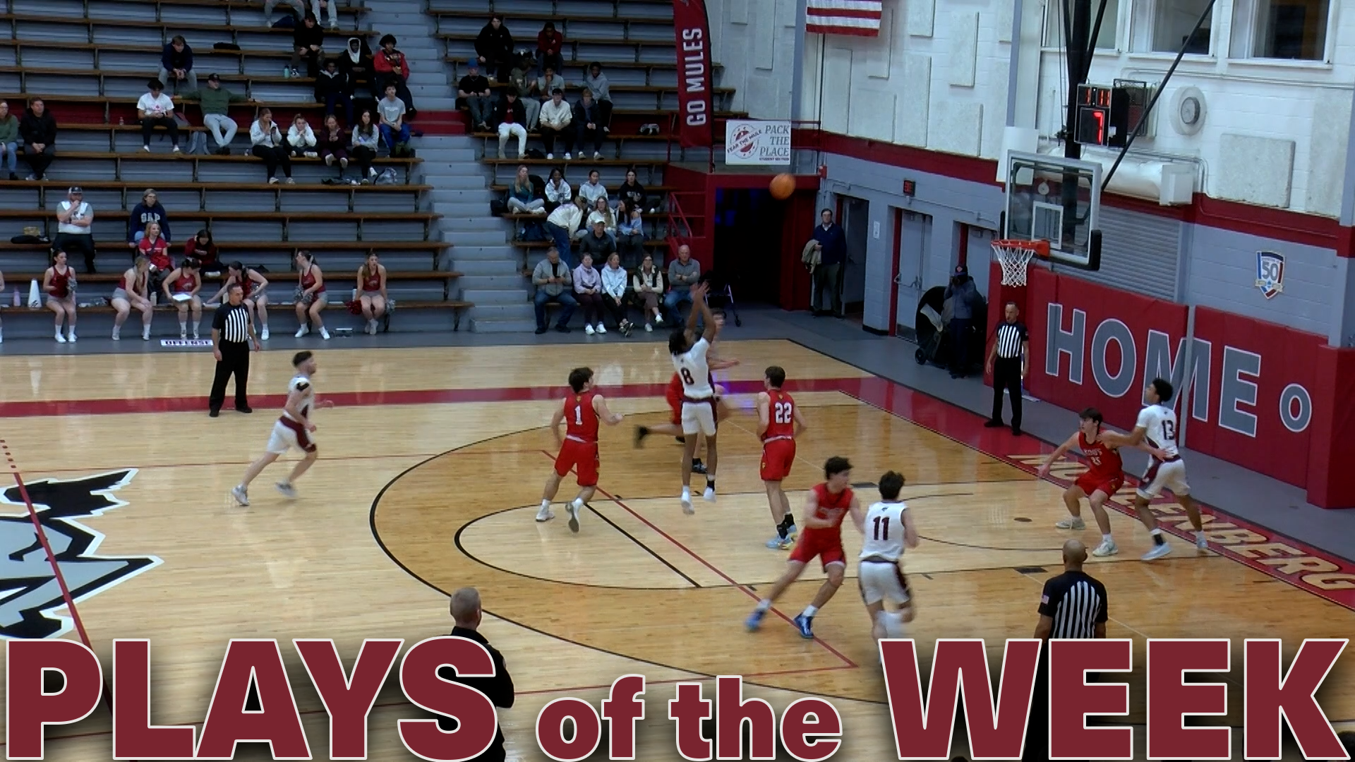 A wide shot of a basketball player in a white uniform shooting the ball with the text Plays of the Week in red at the bottom