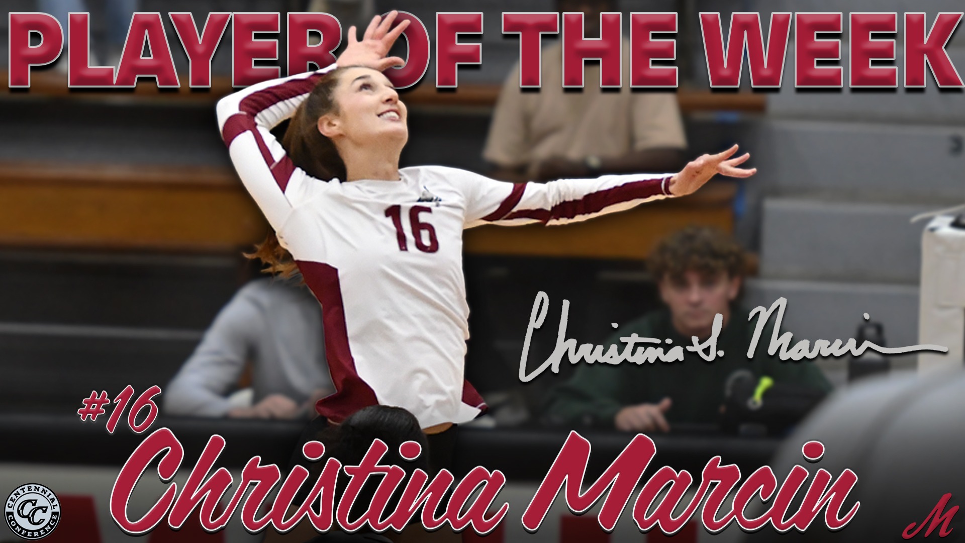 A volleyball player in a white uniform rises for a kill with the words player of the week and Christina Marcin around her