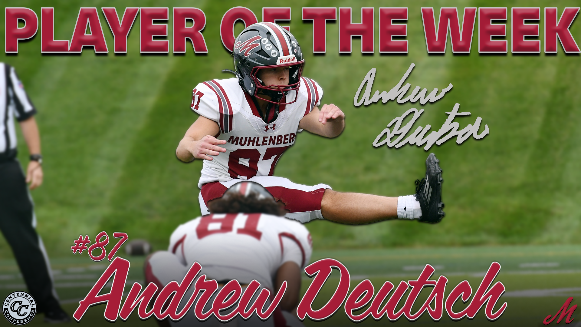A graphic showing an action shot of a football player in a white uniform following through on a kick with the text Player of the Week in red at the top