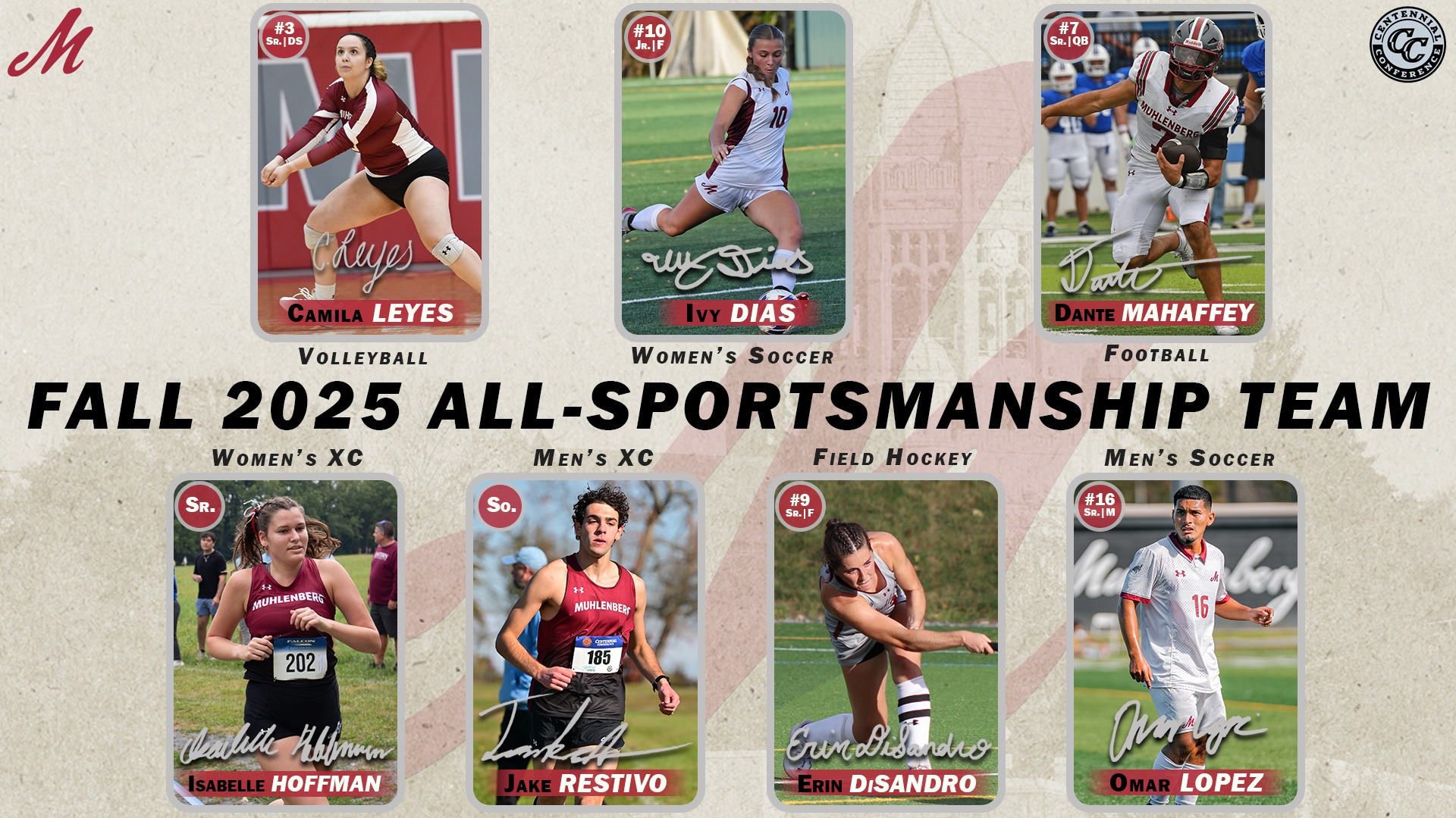 Text saying Fall 2025 all-sportsmanship team is accompanied by action shots of seven student-athletes from various sports