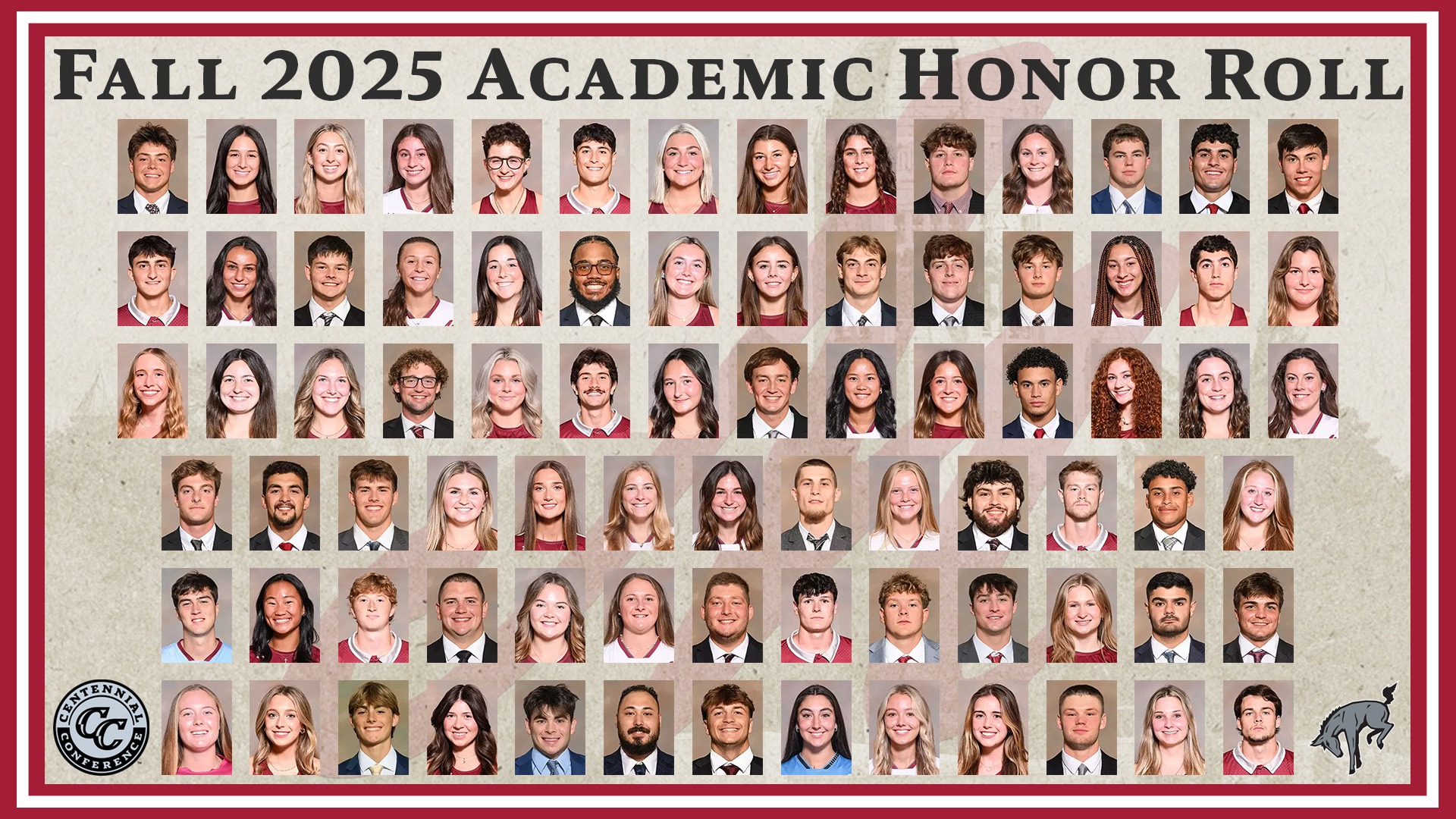 Head shots of 81 student-athletes, arranged in six rows, against a light textured background with the text Fall 2025 Academic Honor Roll in black at top