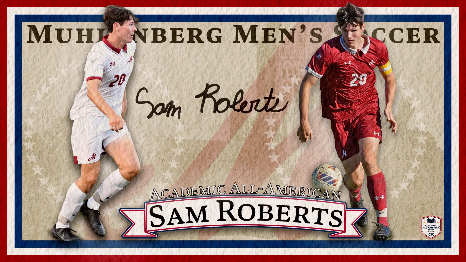 Two cutouts of a soccer player are imposed upon a textured background with text above and below them 