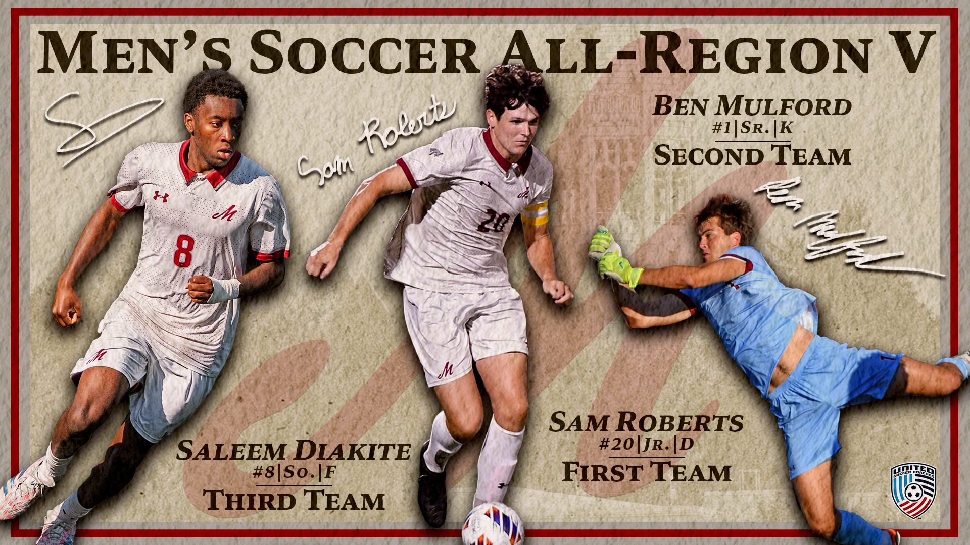 A graphic showing three cutouts of soccer players against a light textured background with the text Men's Soccer All-Region V across the top