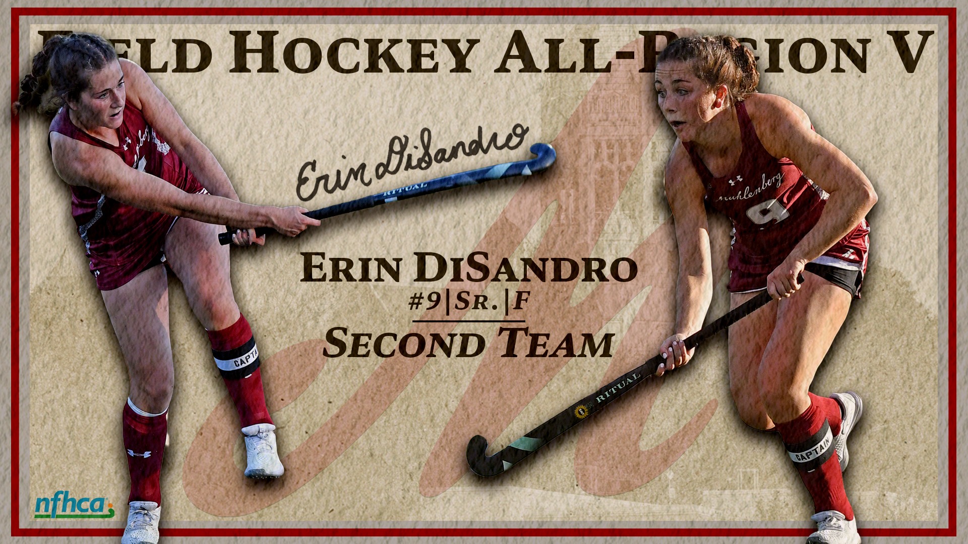 Two field hockey players in red uniforms are superimposed upon a textured background with text that reads 