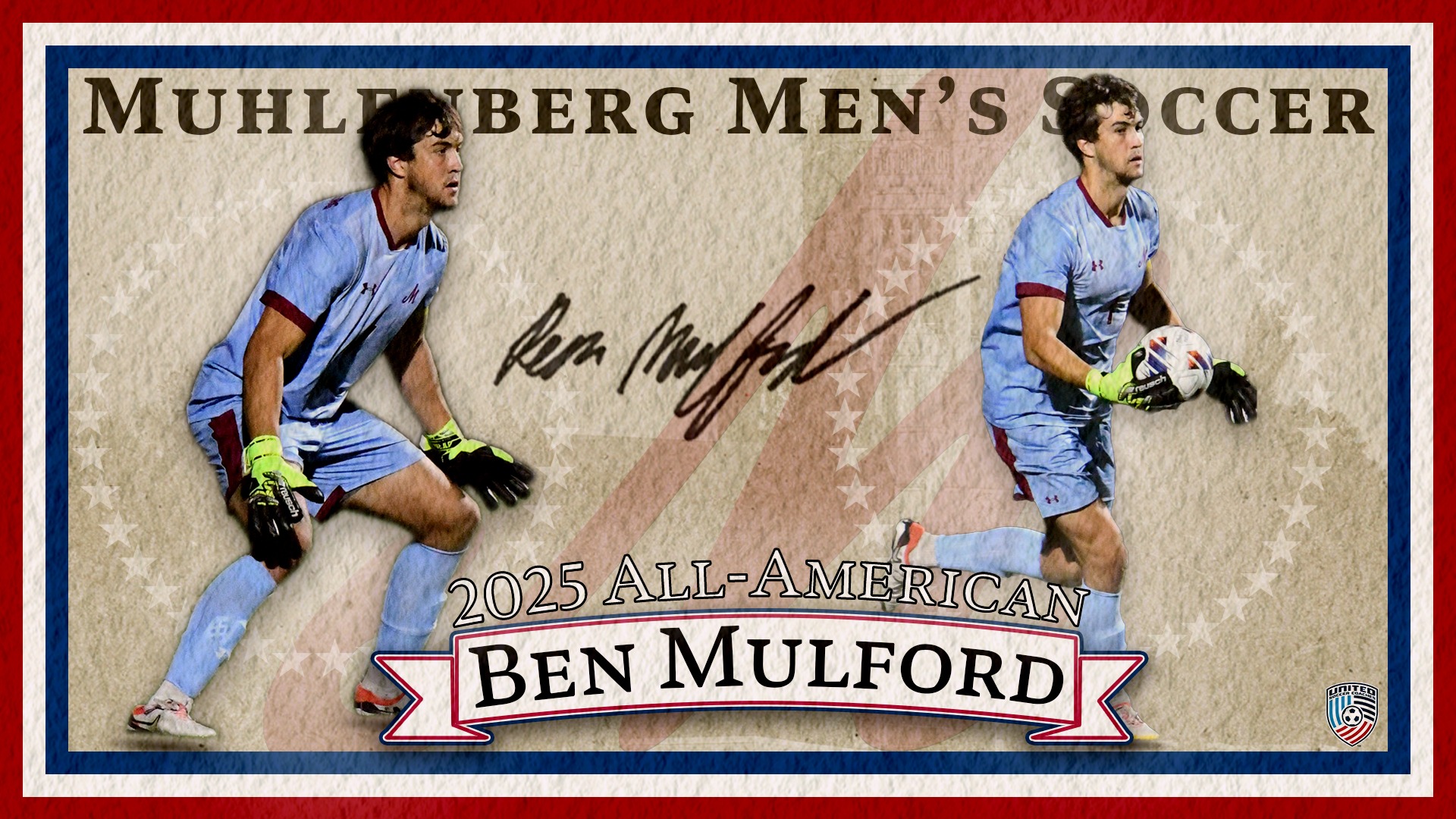 Two cutouts of a soccer goalie in blue are accompanied by 