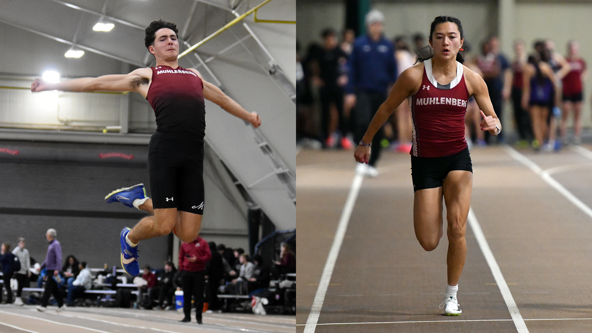 On the left, a male long jumper in a red uniform, and on the right a female runner in a red uniform