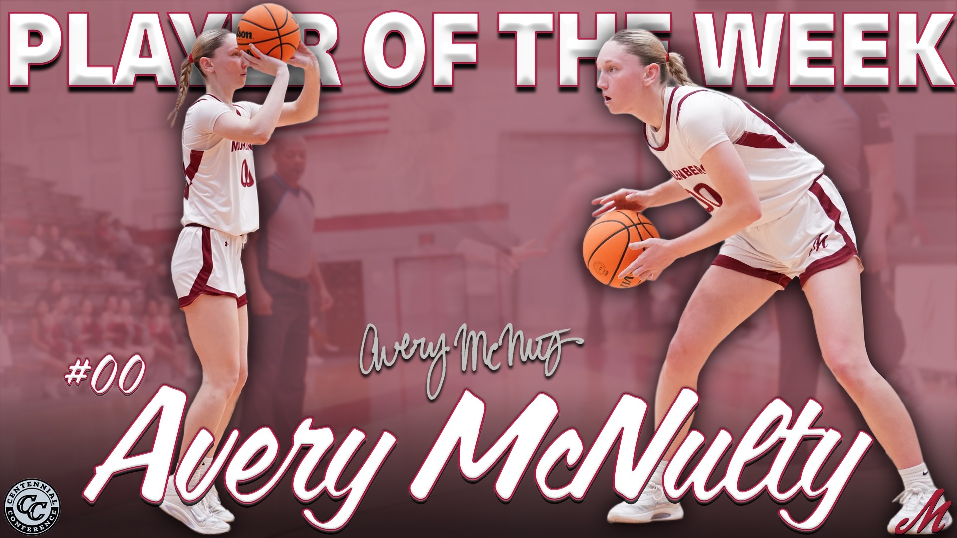 Two cutouts of a player in white are superimposed on a red tinged background with text 