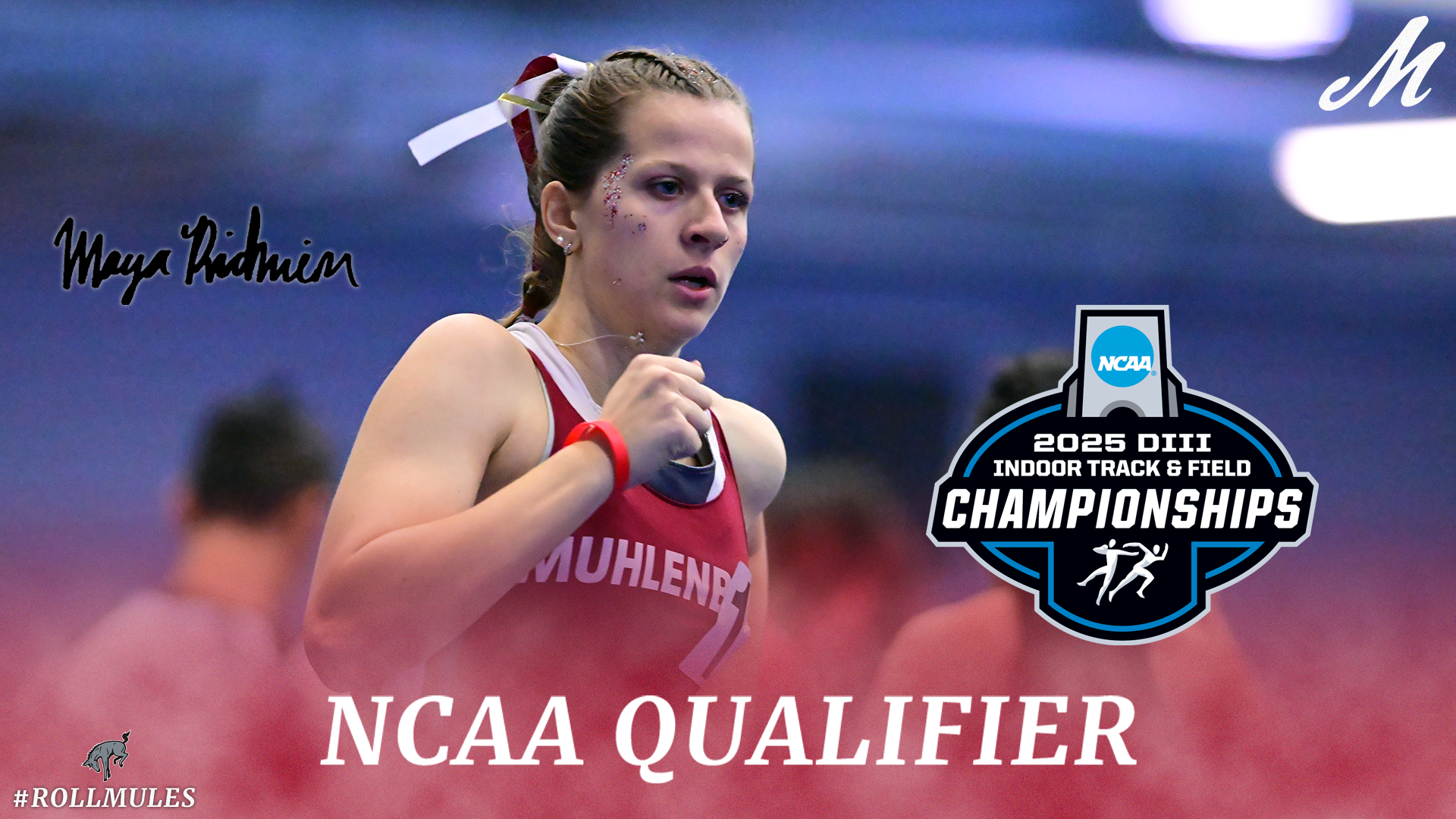 A graphic showing an action shot of a track runner in a red uniform with the text NATIONAL QUALIFIER at bottom center