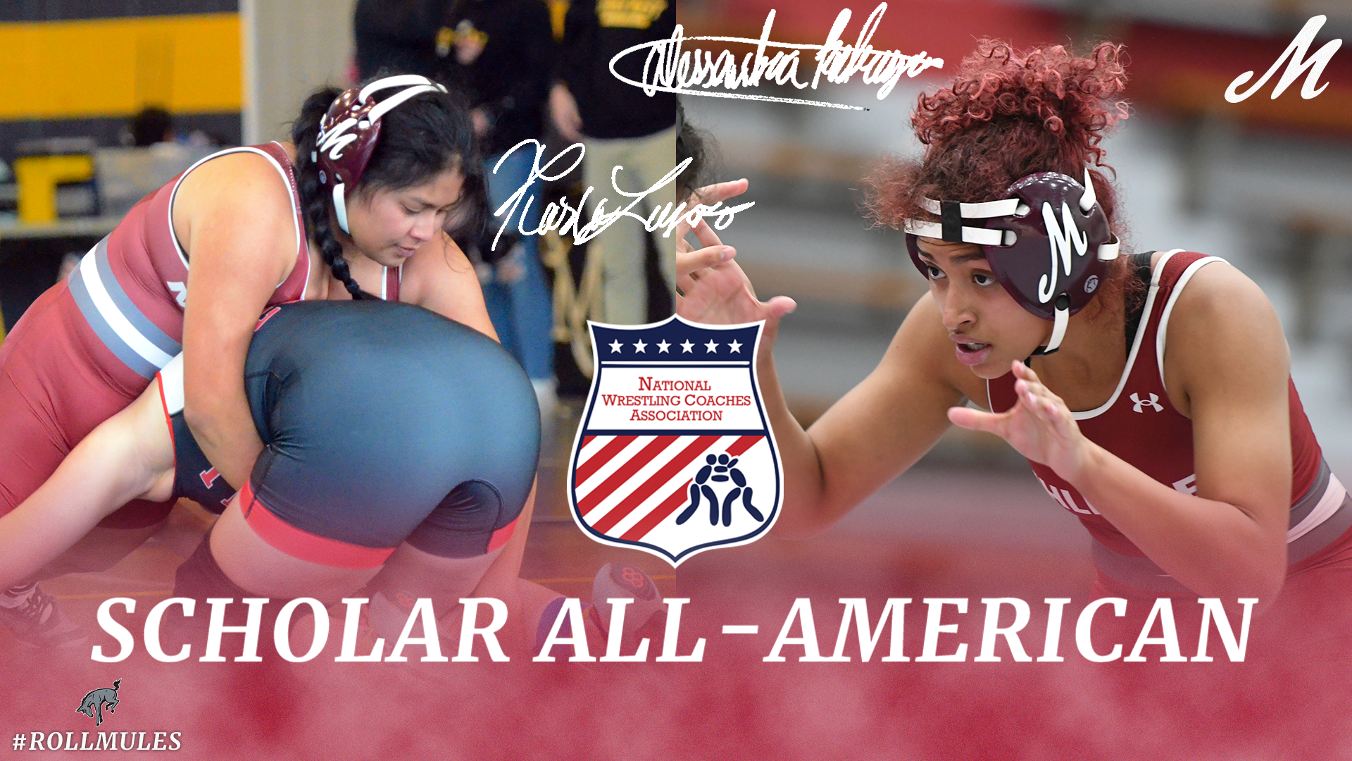 A graphic showing action shots of two women's wrestlers in red singlets with the text Scholar All-Americans in white at the bottom