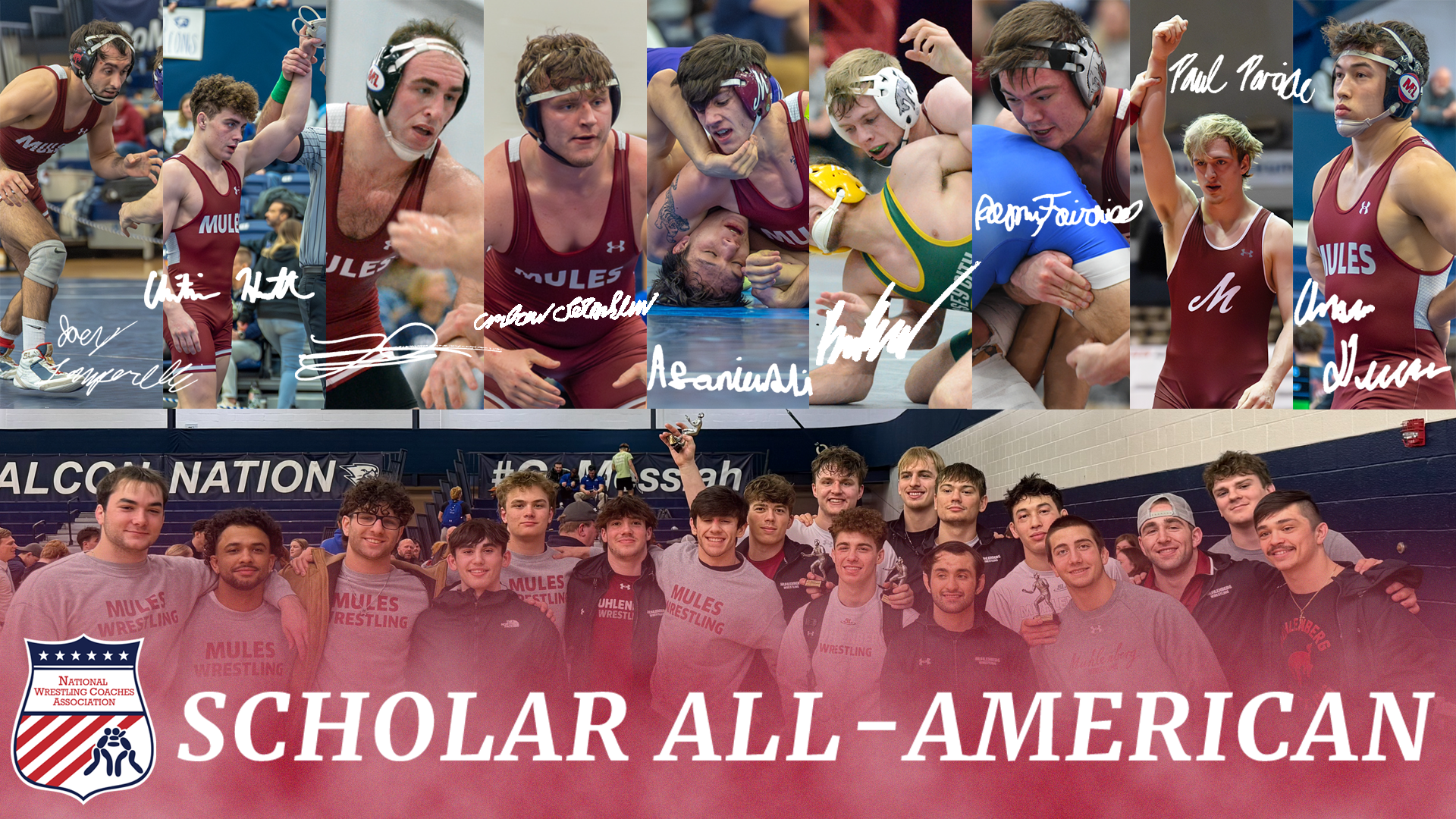 A graphic showing nine action shots of wrestlers in the top row, a team photo in the bottom row and the text Scholar All-American in all caps and white at bottom center
