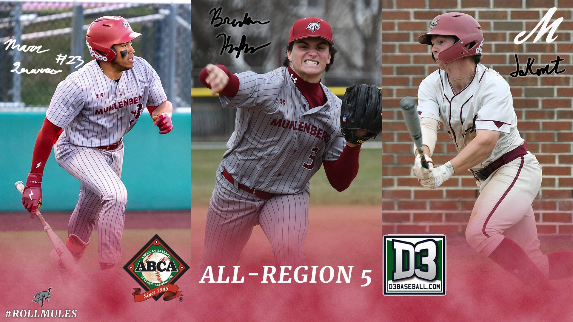 A graphic with three vertical photos of baseball players, two in grey uniforms and one in a white uniform, with the text All-Region 5 in white and all caps at bottom center