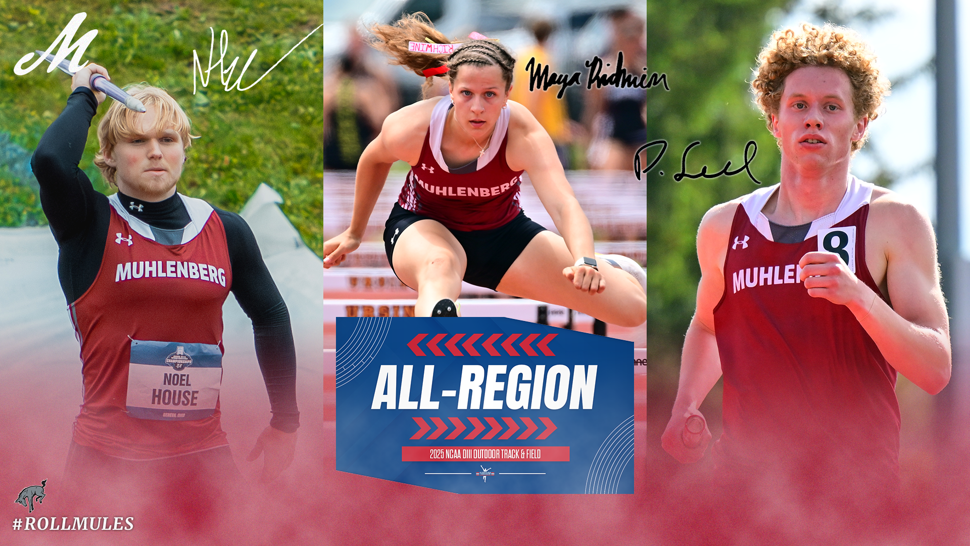 A graphic with vertical action shots of a javelin thrower, hurdler and runner in red uniforms and a blue logo with ALL_REGION in white at bottom center