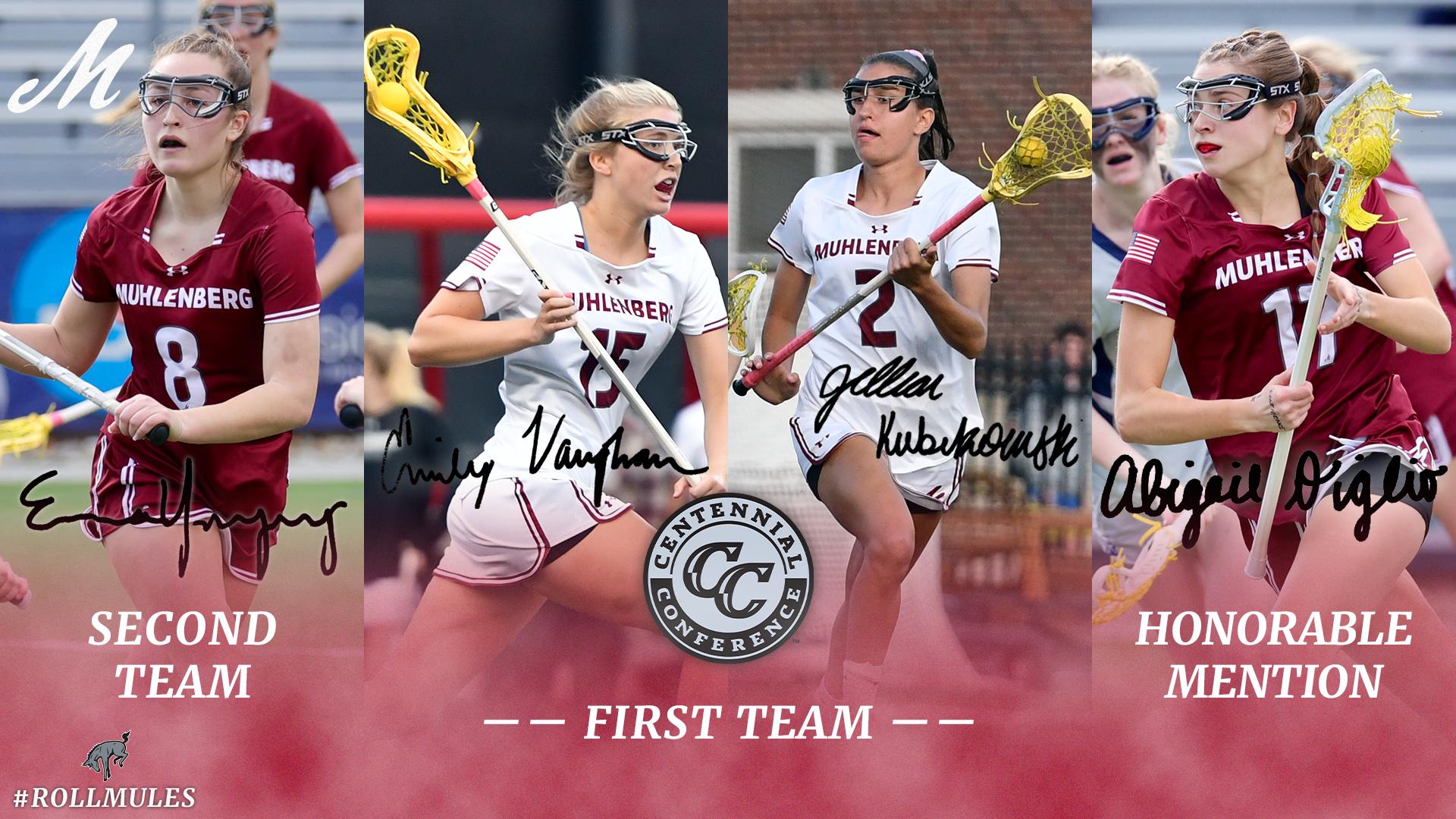 a graphic showing four horizontal action shots of women's lacrosse players, two in red uniforms and two in white uniforms, with the text First Team, Second Team and Honorable Mention at bottom in white all caps