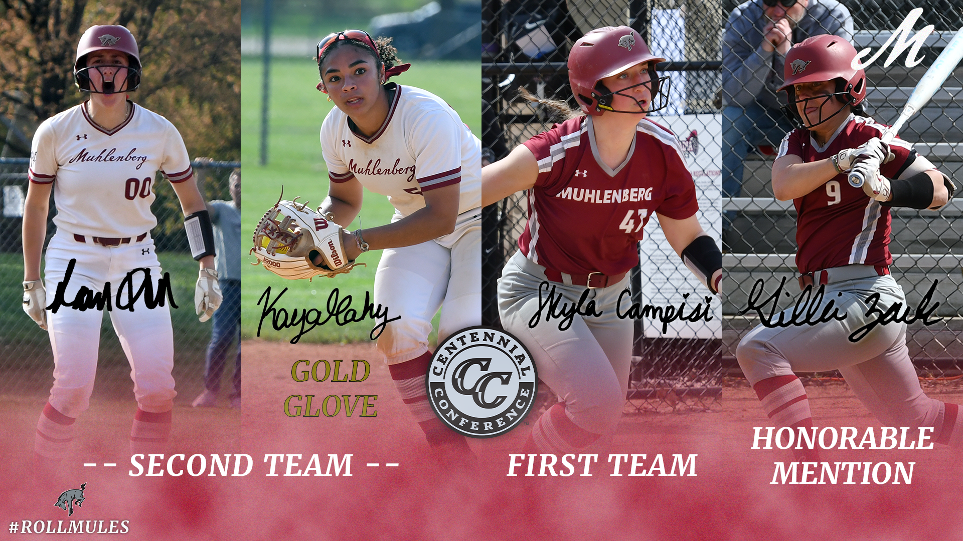 a graphic showing four vertical pictures of softball players, two in white uniforms and two in red uniforms, with the text First Team, Second Team and Honorable Mention in white and all caps at bottom