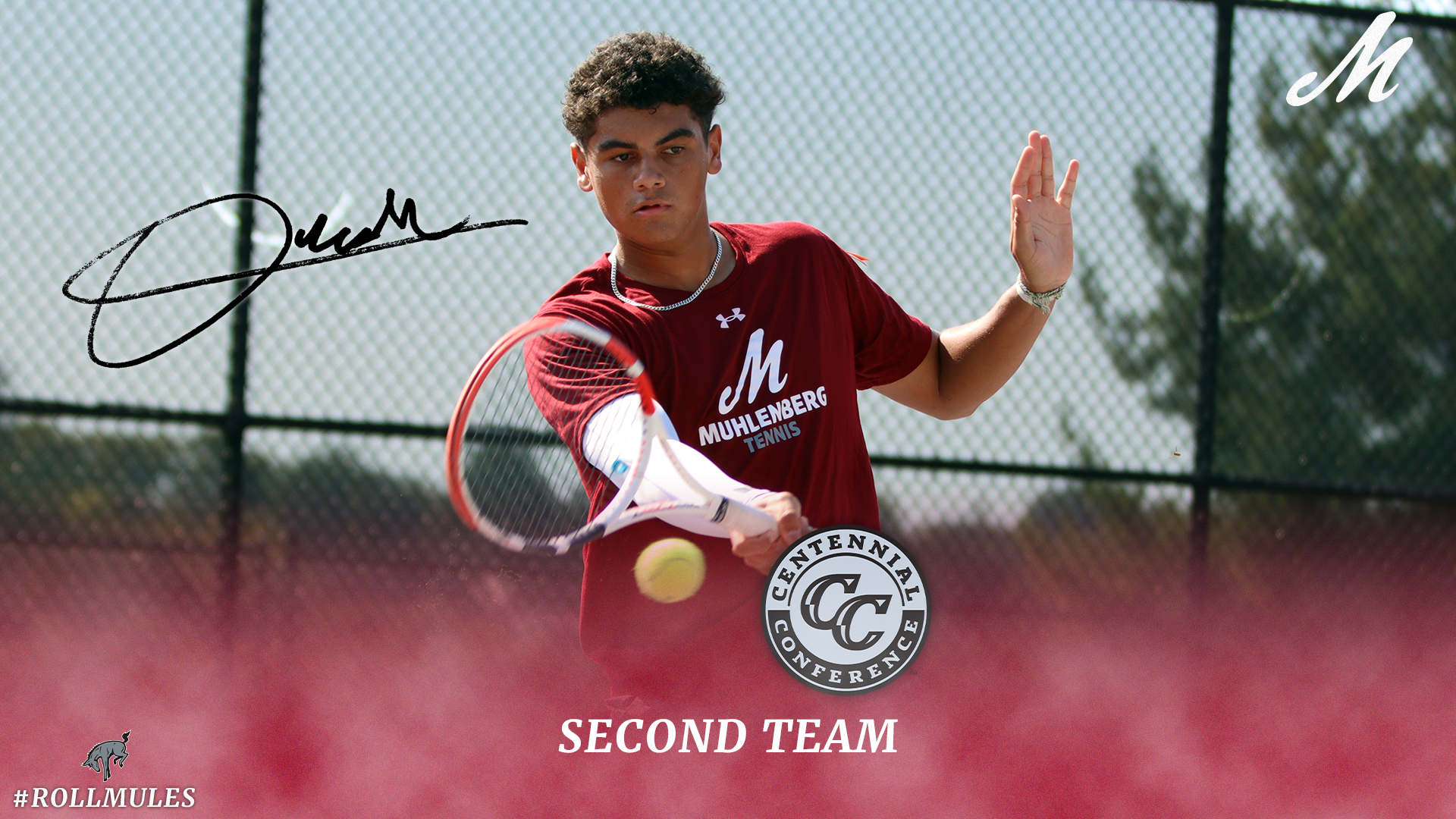 a graphic showing an action shot of a men's tennis player in a red shirt with the text SECOND TEAM in white at bottom center