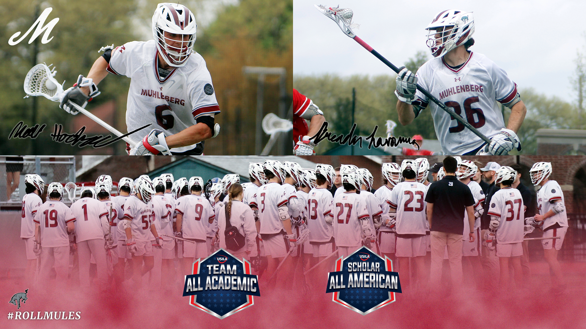 A graphic showing two action shots of men's lacrosse players in white uniforms across the top and a picture of the team across the bottom.