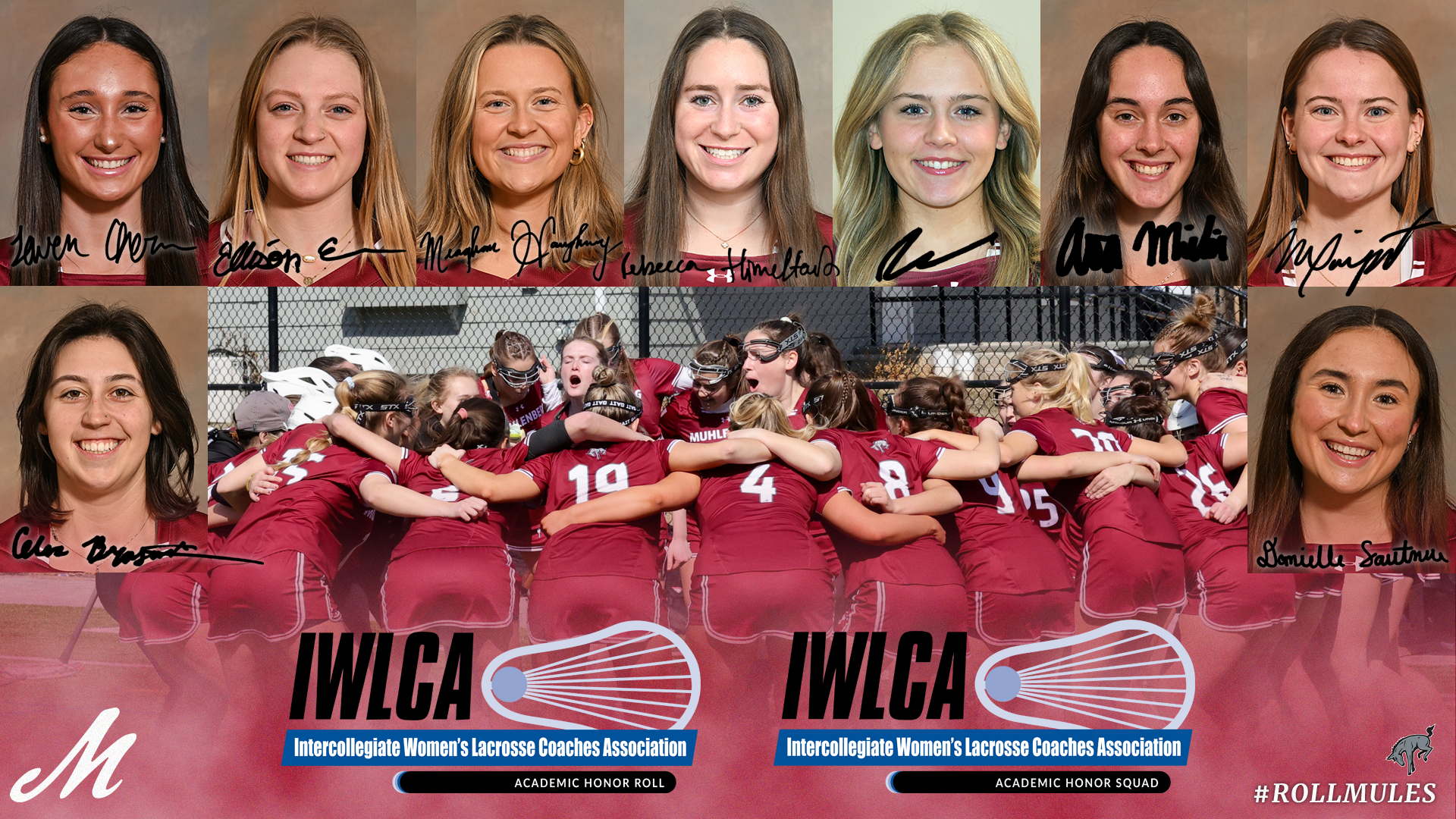 A graphic showing a women's lacrosse team in red uniforms in a huddle at the bottom and nine head shots of women's lacrosse players at the top