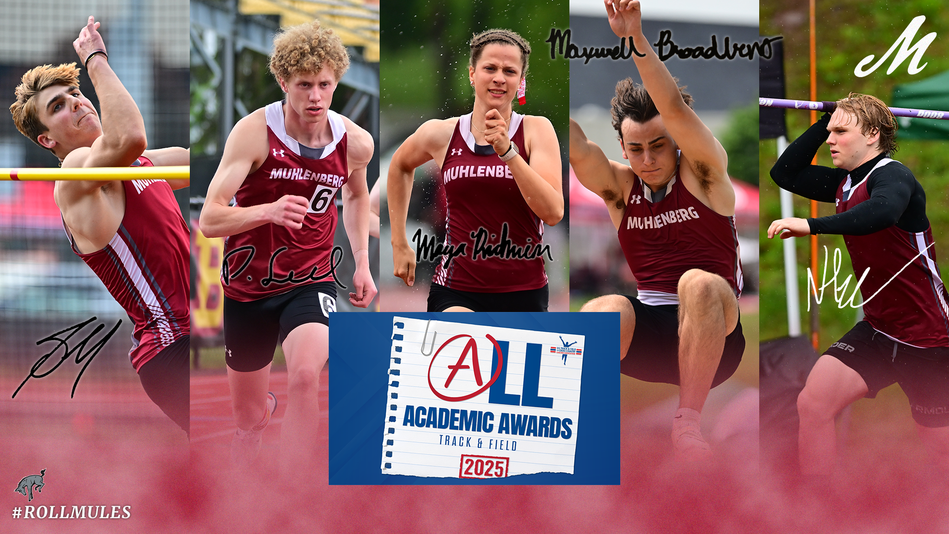 A graphic showing five vertical action shots of track athletes in red uniforms