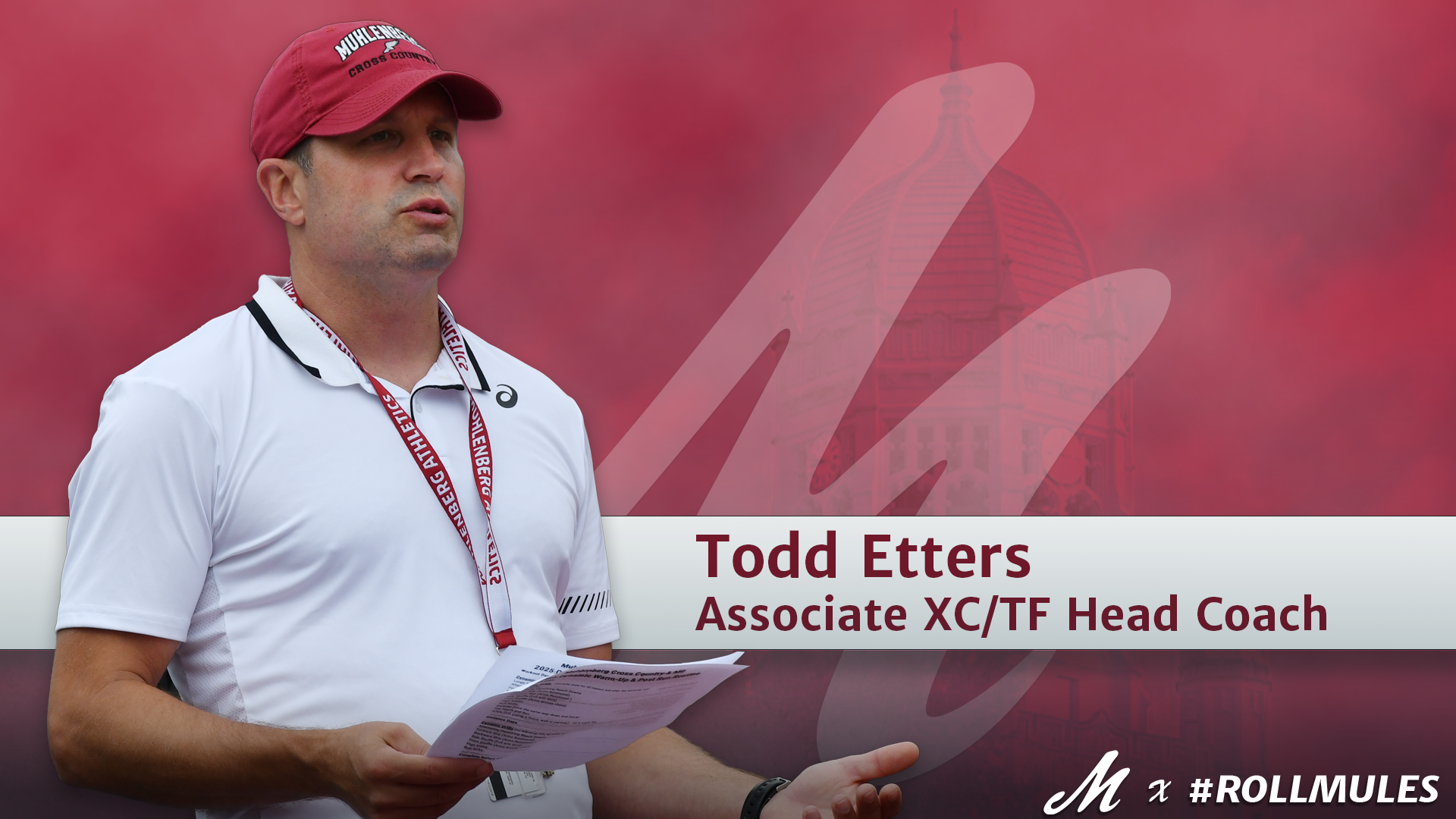 A graphic showing a cutout of a coach in a red had and white polo shirt against a red background