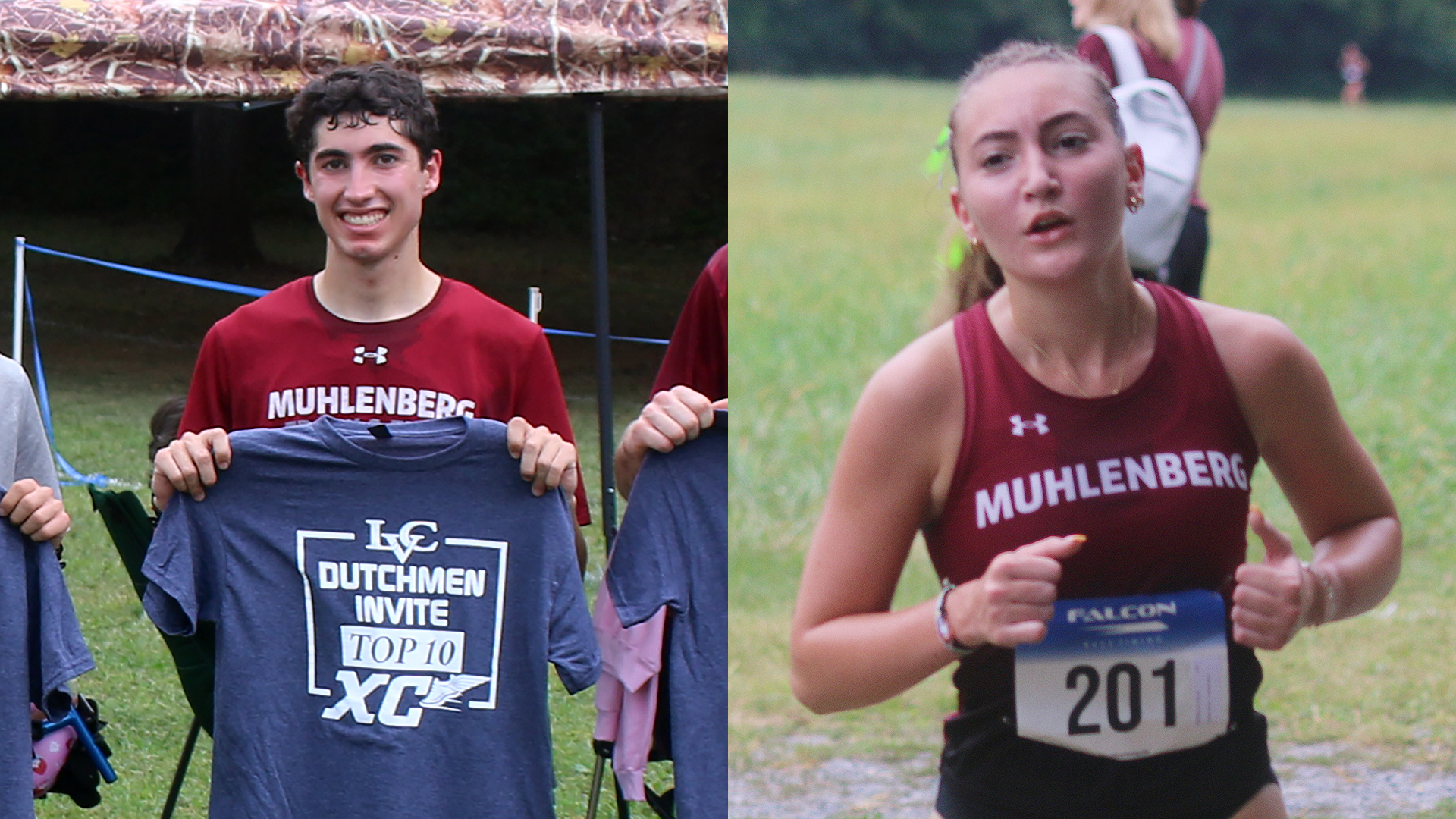 A man holds a shirt in the left photo and a runner in a red jersey runs in the right photos