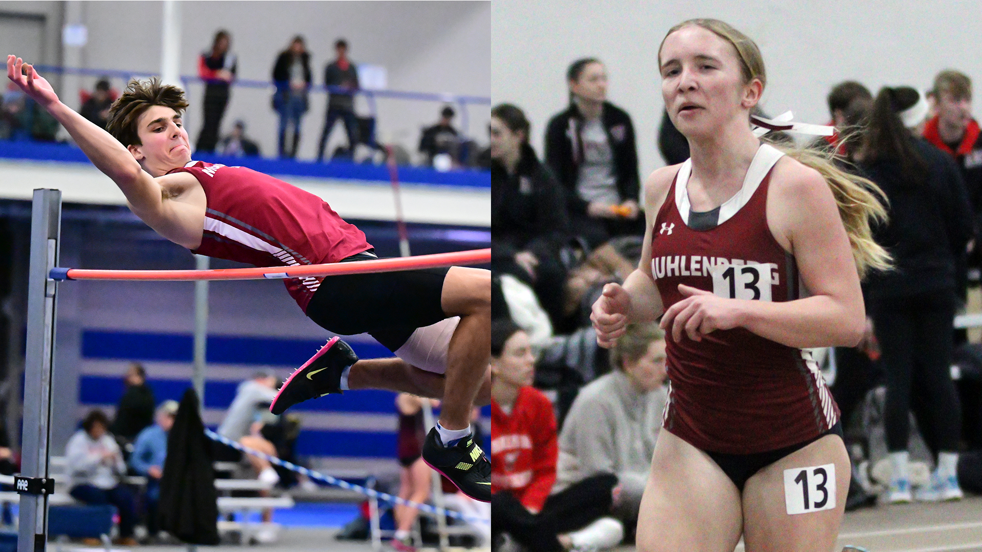 two track and field athletes in red uniforms, at left a male high jumper and at right a female runner