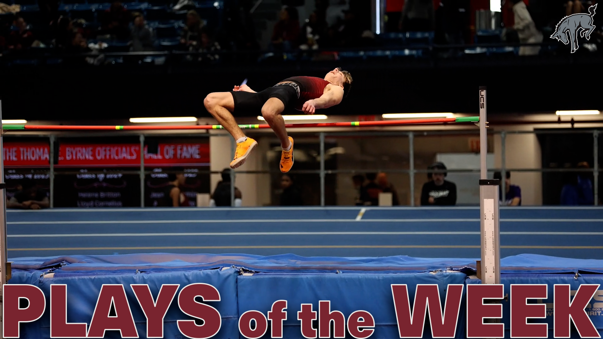 a picture of a men's high jumper clearing the bar and the text Plays of the Week in red at the bottom