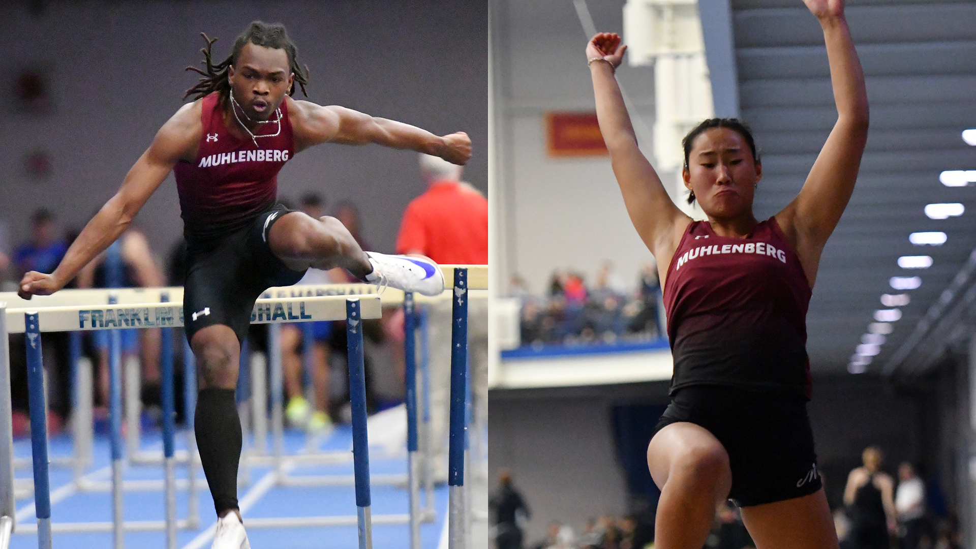 at left, a male hurdler, and at right, a female long jumper, both wearing red jerseys