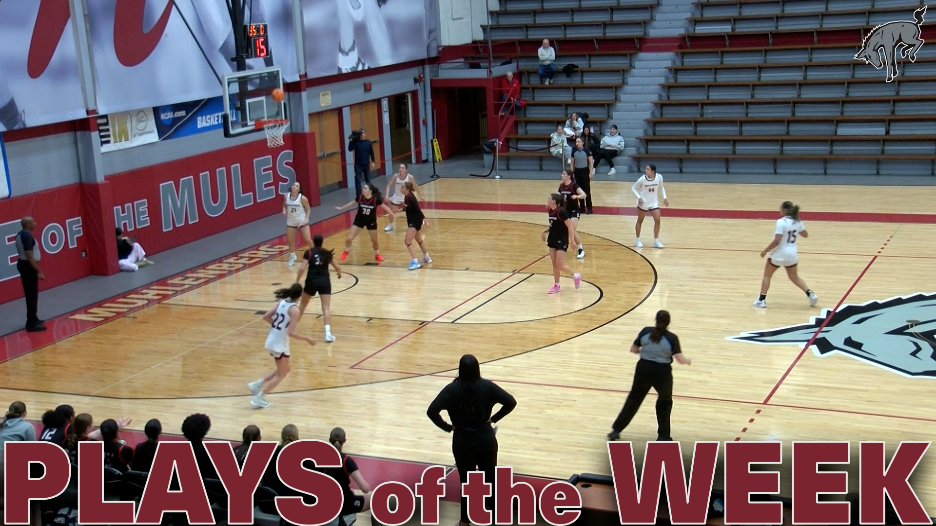 a basketball scene with players in white and black jerseys watching the ball going through the hoop and the text Plays of the Week in red at the bottom