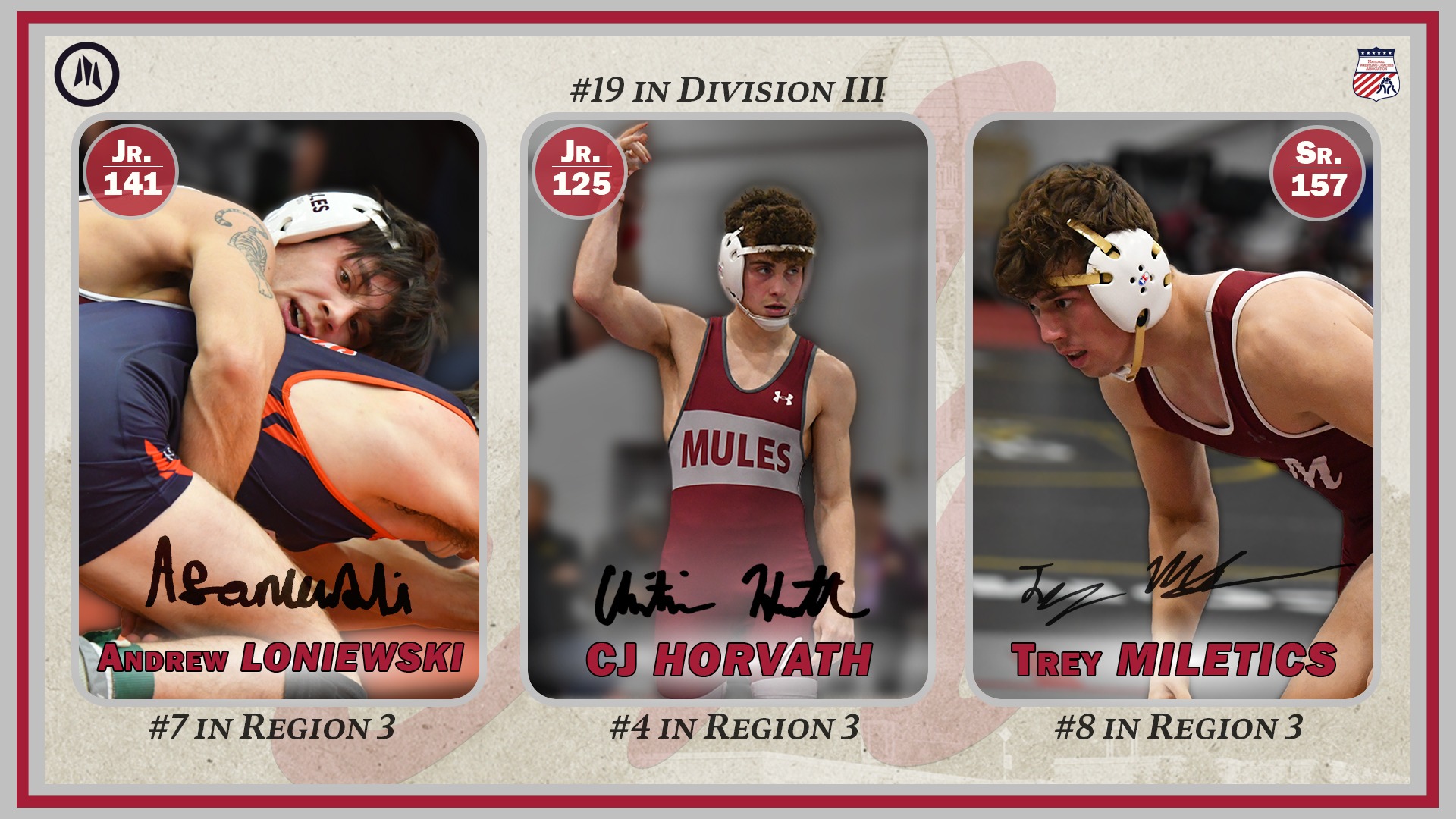 A graphic showing three wrestlers—Andrew Loniewski, CJ Horvath, and Trey Miletics —with action photos and a header reading “#19 in Division III.”