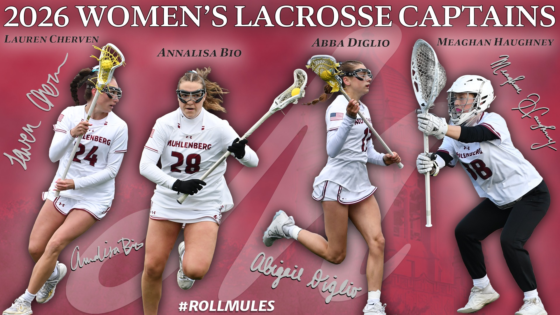 A graphic announcing the 2026 Women’s Lacrosse Captains, showing four Muhlenberg players in action poses on a maroon background with the text “2026 Women’s Lacrosse Captains.”