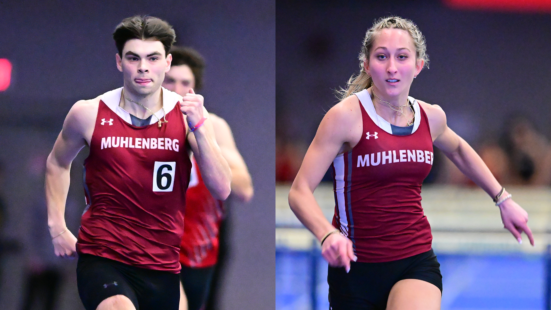 track runners in red uniforms, a male on the left and a female on the right