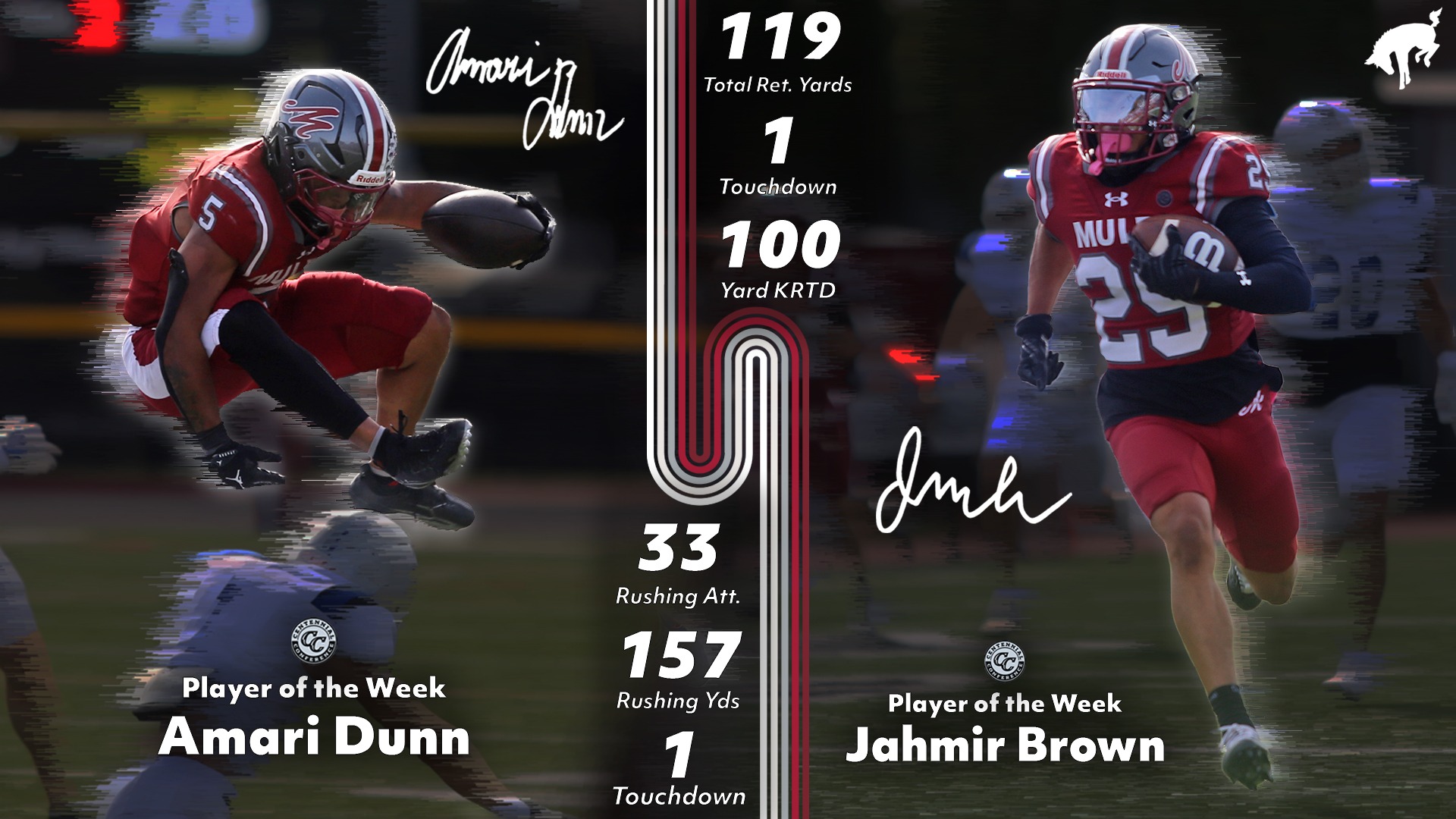 a graphic showing two football players in red uniforms and silver helmets carrying the ball, with the text Player of the Week and relevant statistics