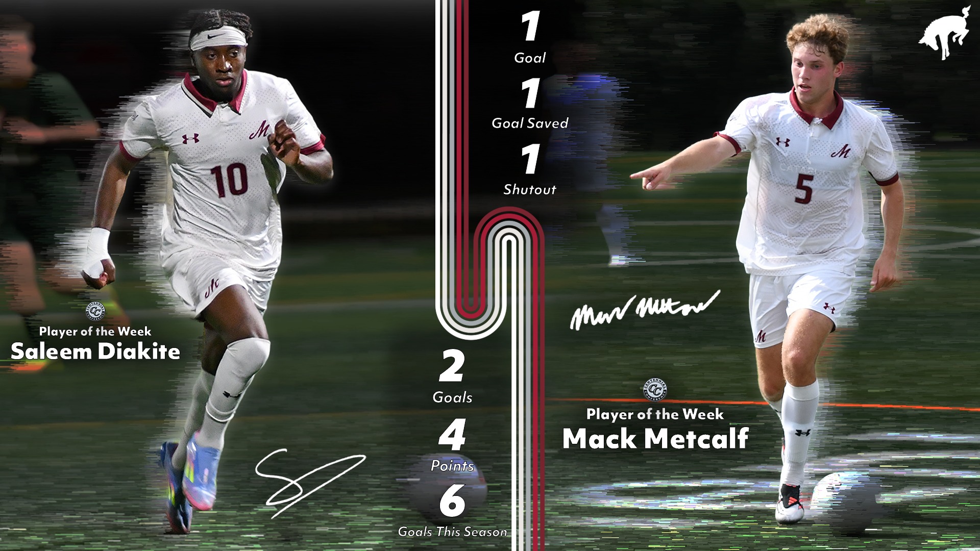 A split graphic highlights Muhlenberg College soccer Players of the Week Saleem Diakite and Mack Metcalf, featuring action photos, player statistics, signatures, and maroon, black, and white team branding.