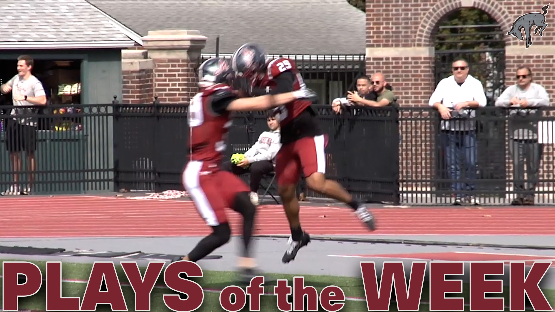 two football players in red jerseys and silver helmets celebrating a touchdown, with the text Plays of the Week in red at the bottom
