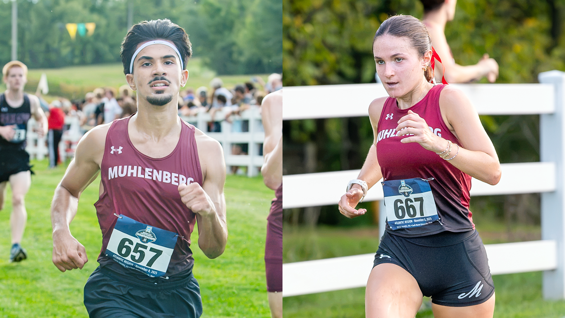 two cross country runners, a men's runner at left and a women's runner at right, in red tops and block bottoms