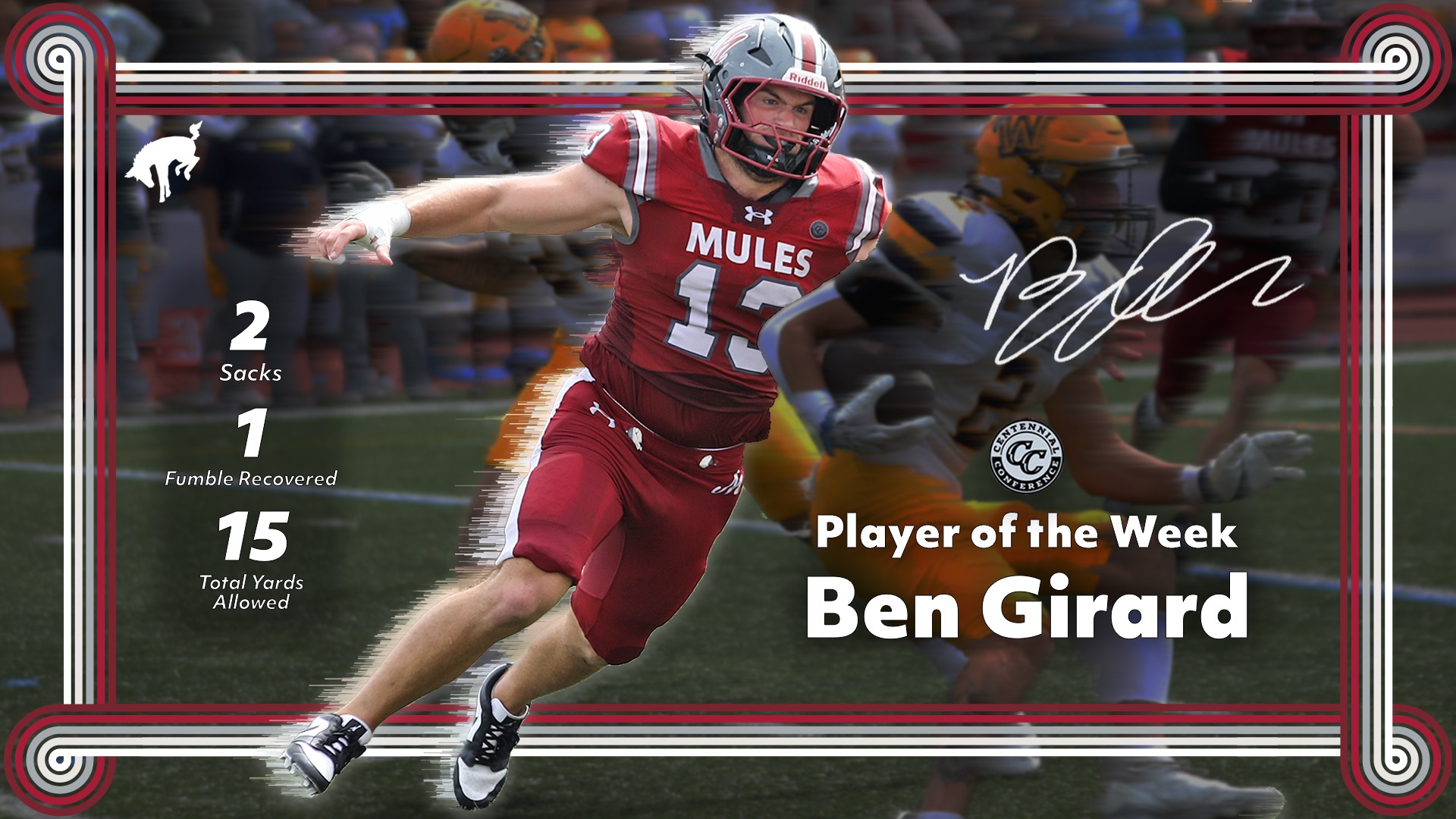 A Muhlenberg College football graphic names Ben Girard Player of the Week, featuring him in a maroon number 13 uniform alongside statistics for two sacks, one fumble recovery, and 15 total yards allowed.