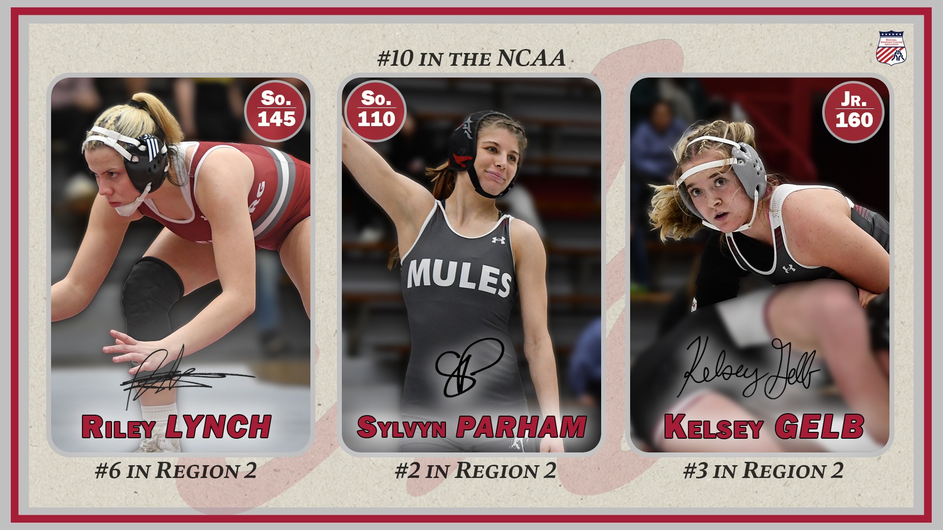 a graphic highlighting Muhlenberg women’s wrestlers Riley Lynch, Sylvyn Parham, and Kelsey Gelb, featuring their national and Region 2 rankings