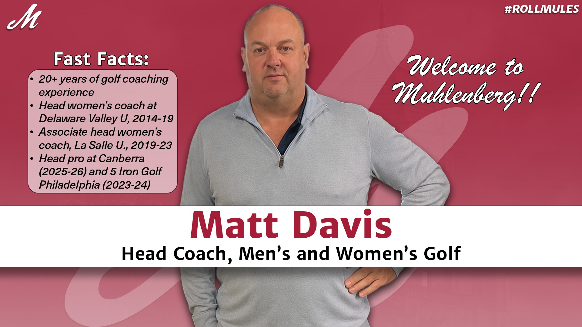 a graphic with a cutout of a man in a grey sweater posing against a light red background with the text Welcome to Muhlenberg in script