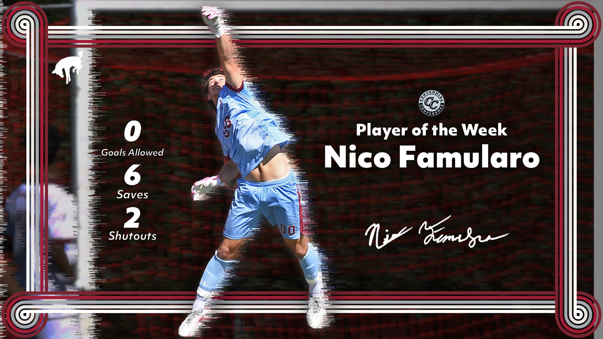 A soccer goalkeeper in a light blue uniform reaches up to make a save, with text identifying him as Player of the Week Nico Famularo and listing six saves and two shutouts.