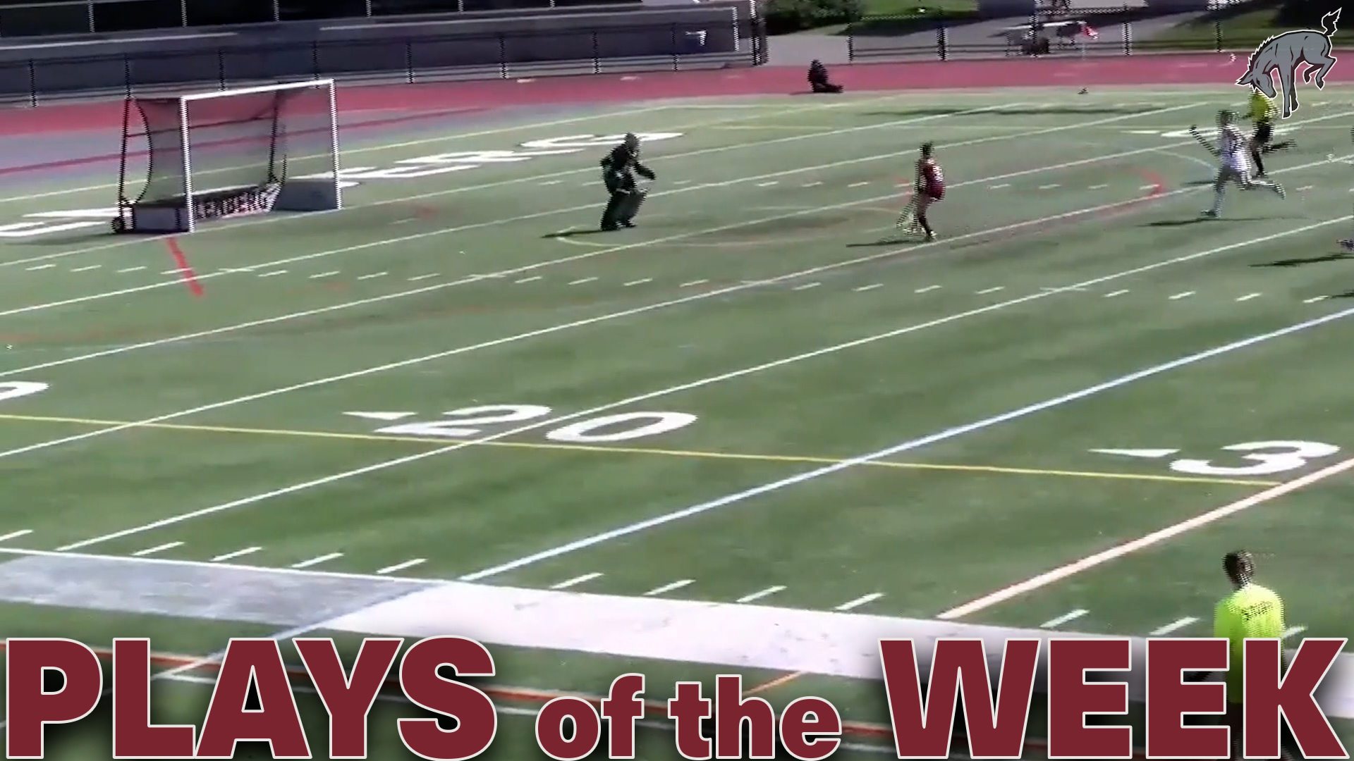 a field hockey player on a green turf field about to confront the goalie on a breakaway, with the text Plays of the Week in red at the bottom