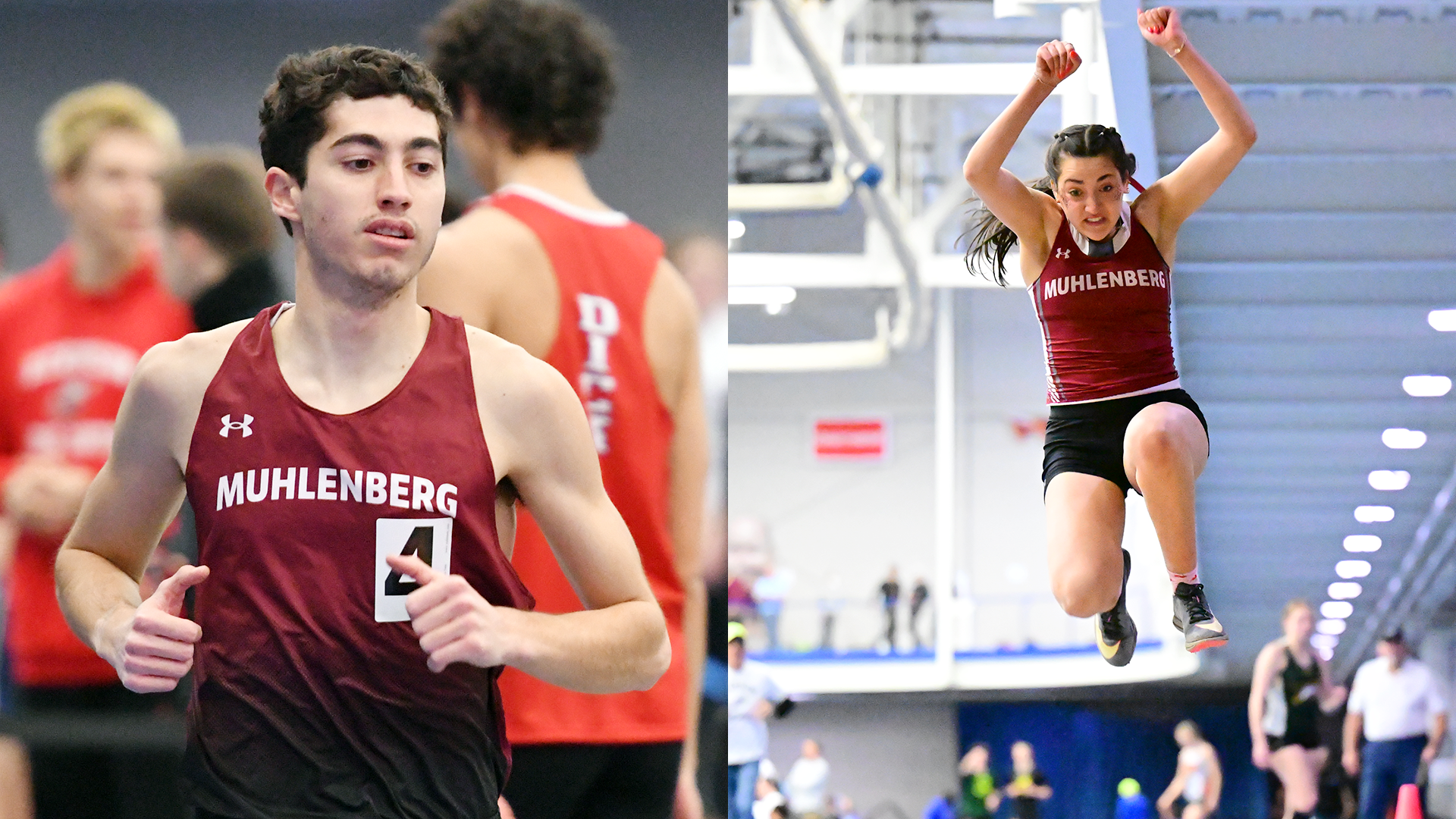 at left, a male runner in a red jersey; at right, an airborne female jumper in a red jersey