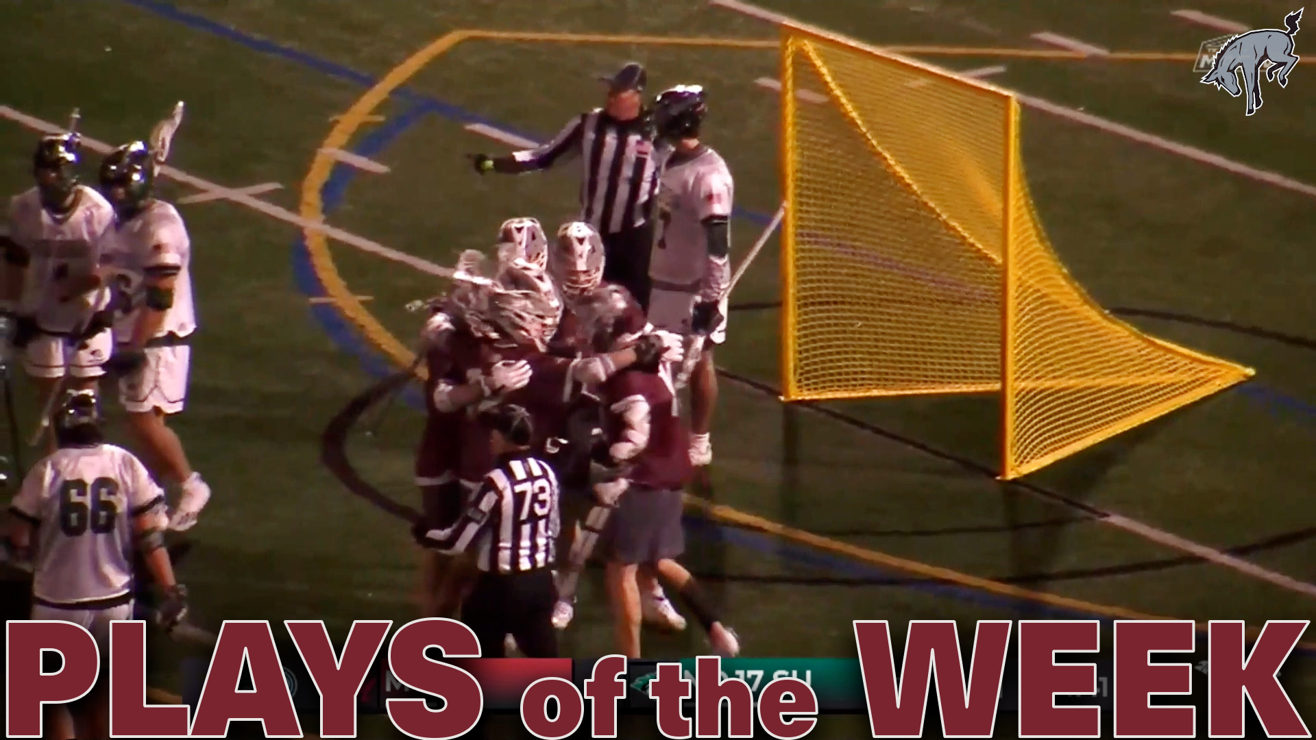 a group of lacrosse players in red jersey and silver helmets celebrating a goal, with the text Plays of the Week in red at the bottom